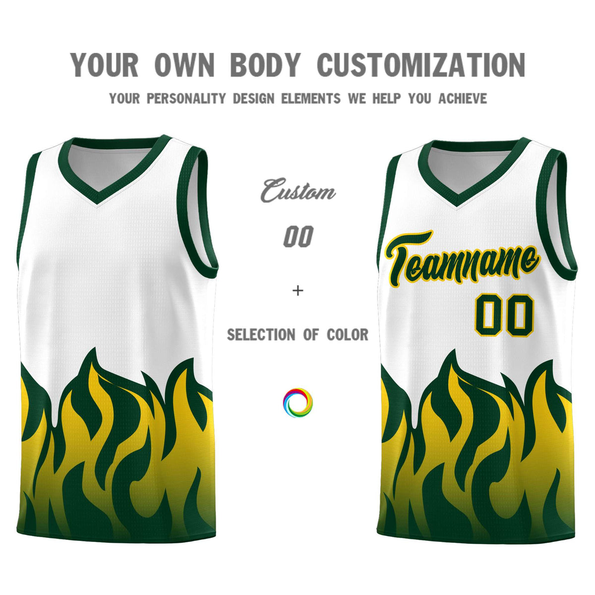 Custom White Hunter Green Hem Flame Pattern Fashion Sports Uniform Basketball jersey