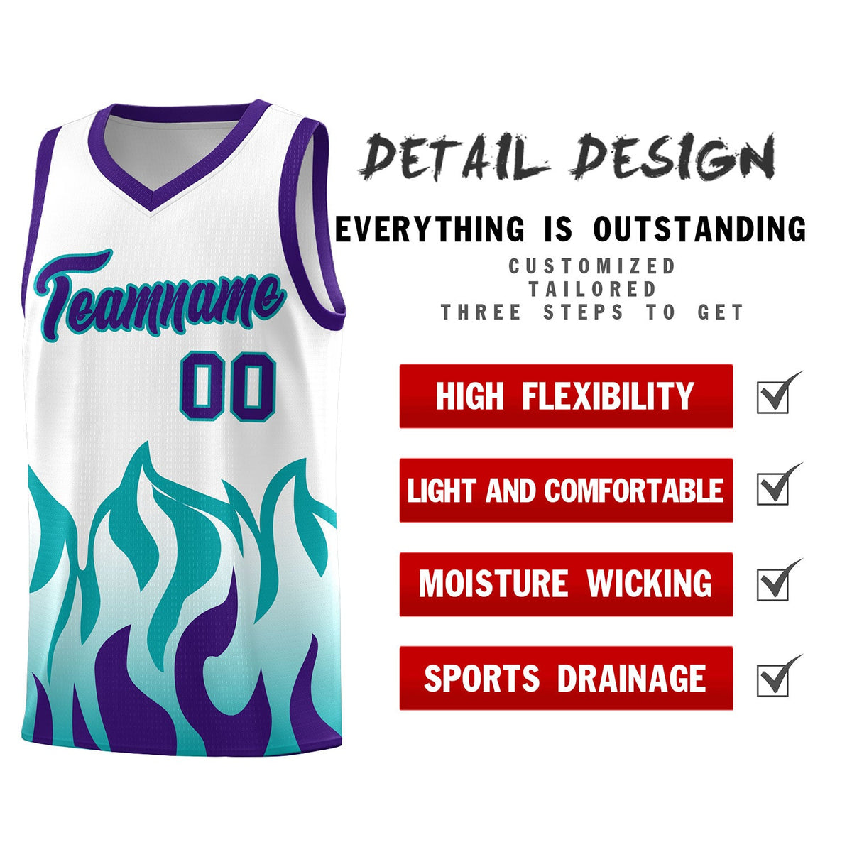 Custom White Aqua Hem Flame Pattern Fashion Sports Uniform Basketball jersey