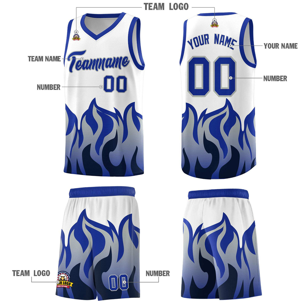 Custom White Royal Hem Flame Pattern Fashion Sports Uniform Basketball jersey