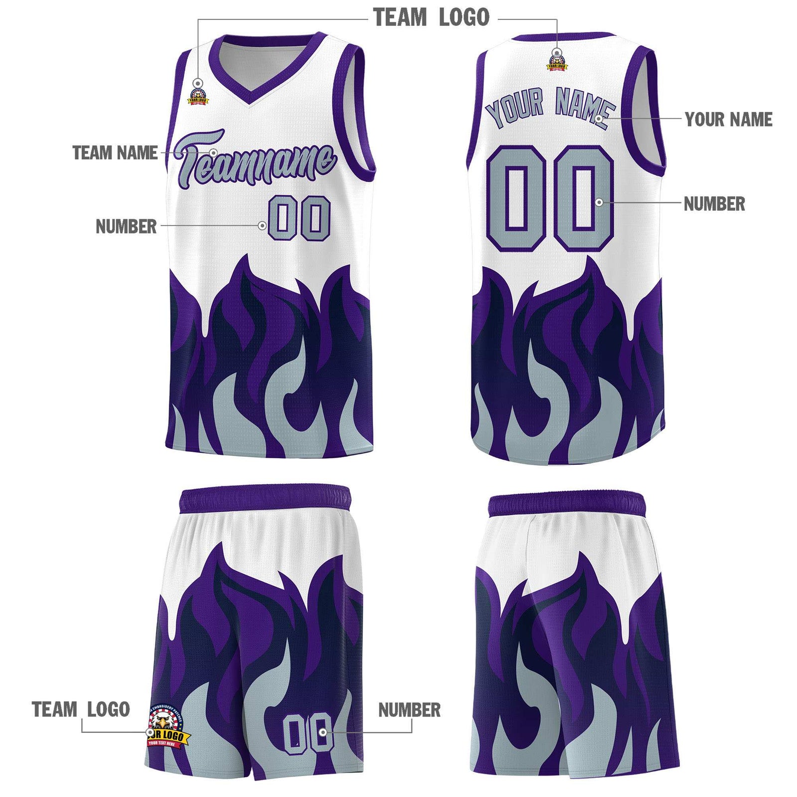 Custom White Purple Hem Flame Pattern Fashion Sports Uniform Basketball jersey