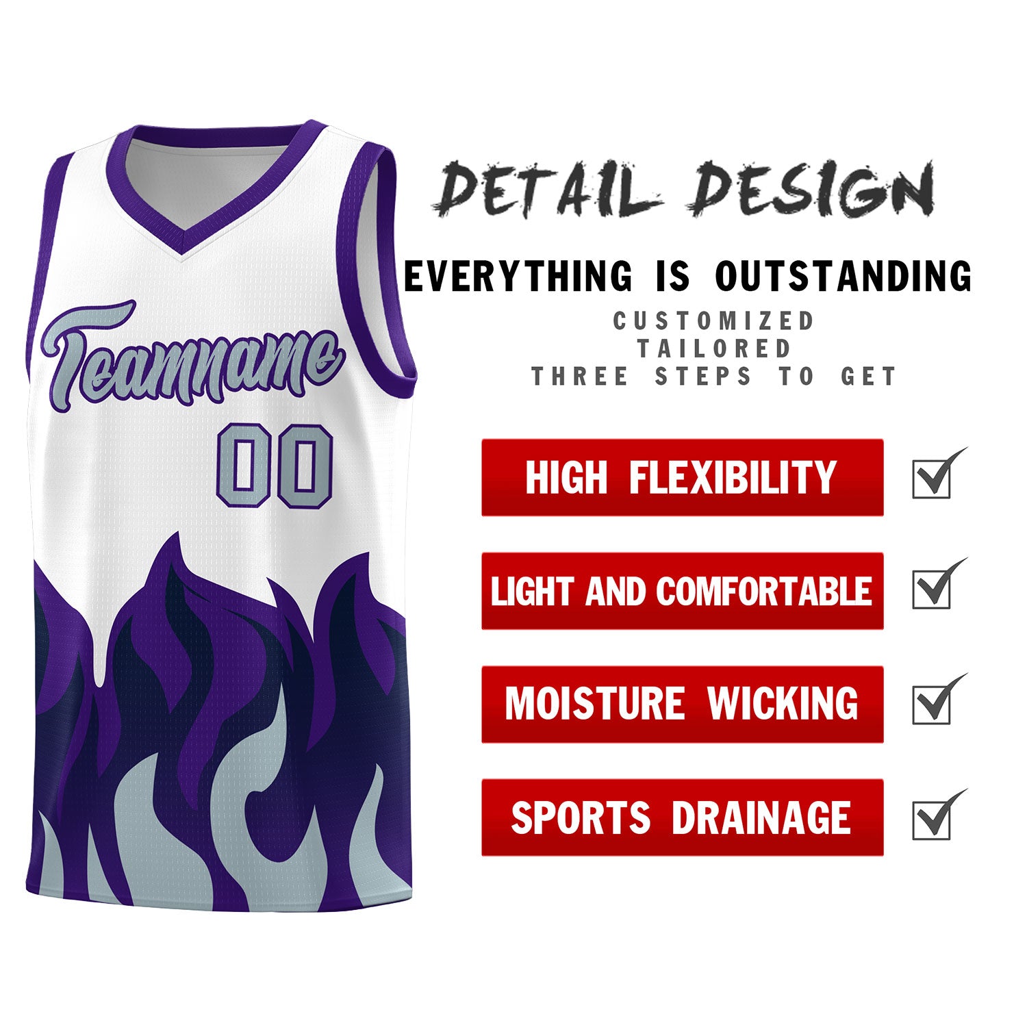 Custom White Purple Hem Flame Pattern Fashion Sports Uniform Basketball jersey