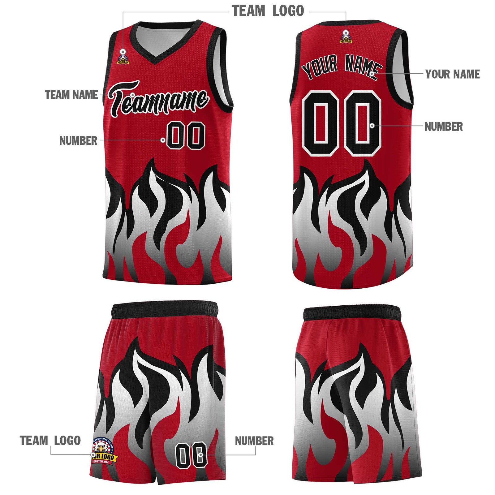 Custom Red Black Hem Flame Pattern Fashion Sports Uniform Basketball jersey