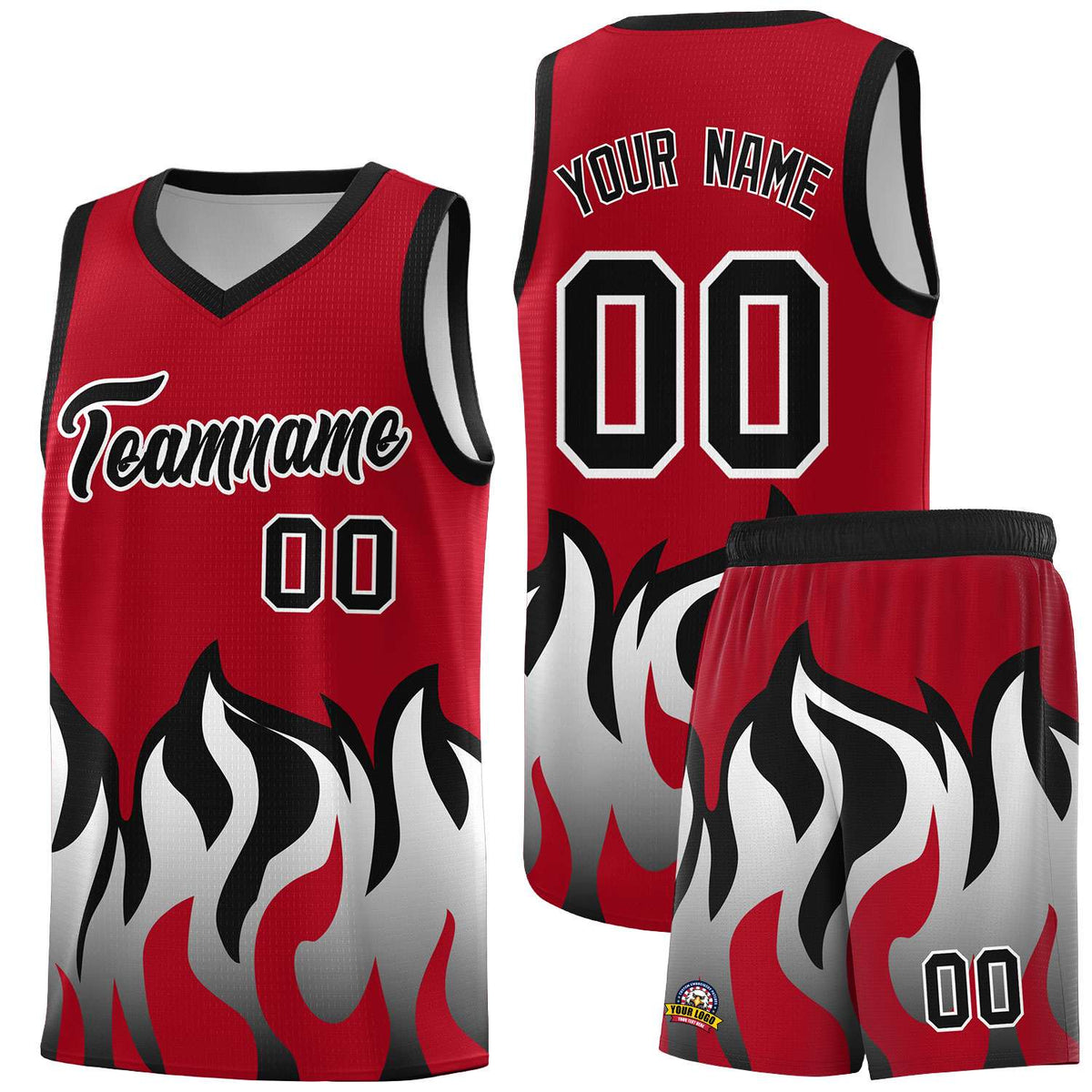 Custom Red Black Hem Flame Pattern Fashion Sports Uniform Basketball jersey