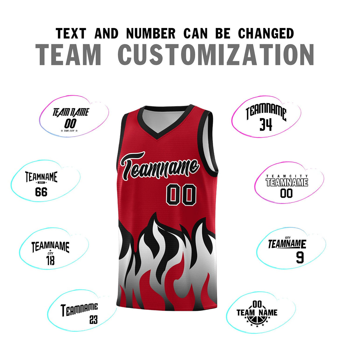 Custom Red Black Hem Flame Pattern Fashion Sports Uniform Basketball jersey
