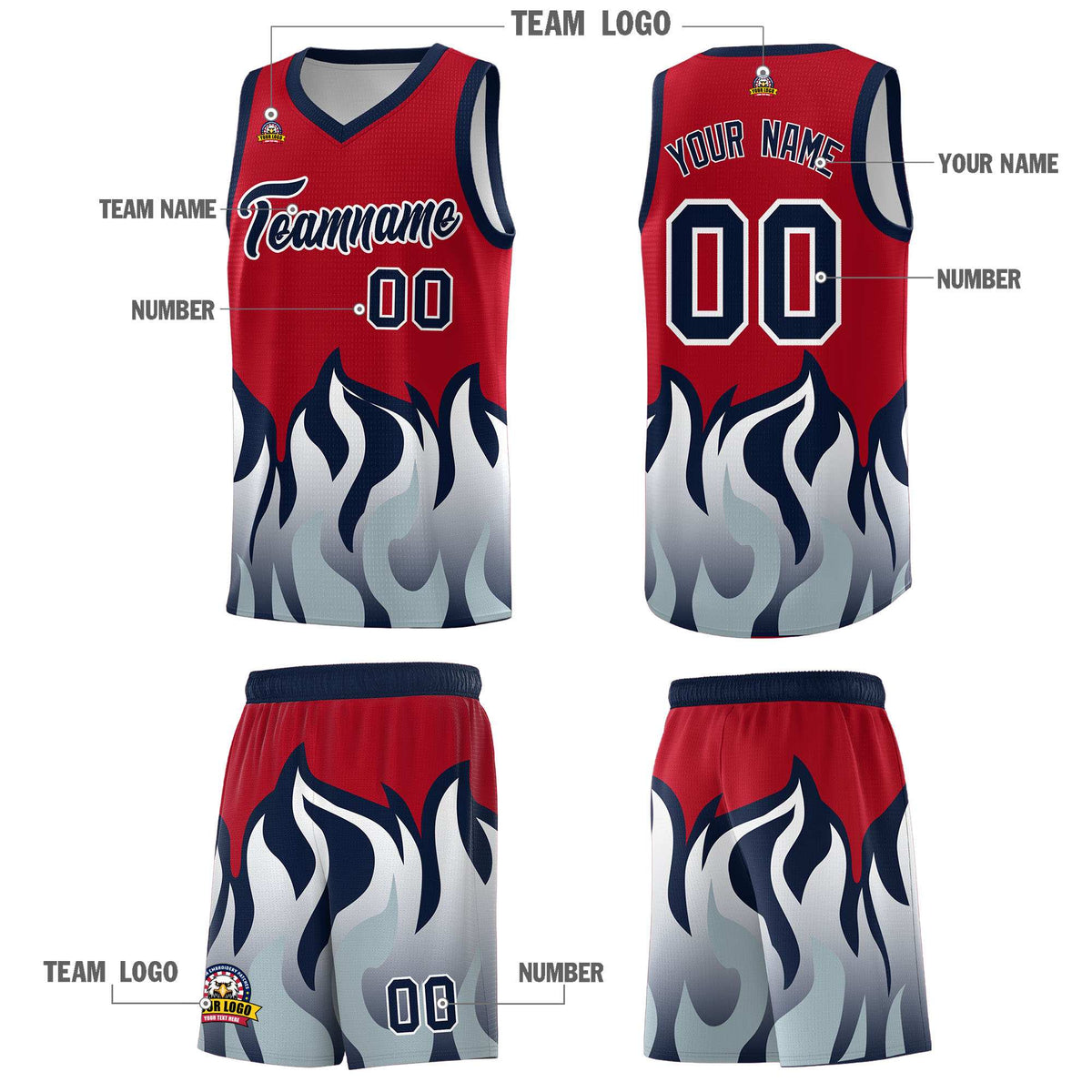 Custom Red Navy Hem Flame Pattern Fashion Sports Uniform Basketball jersey
