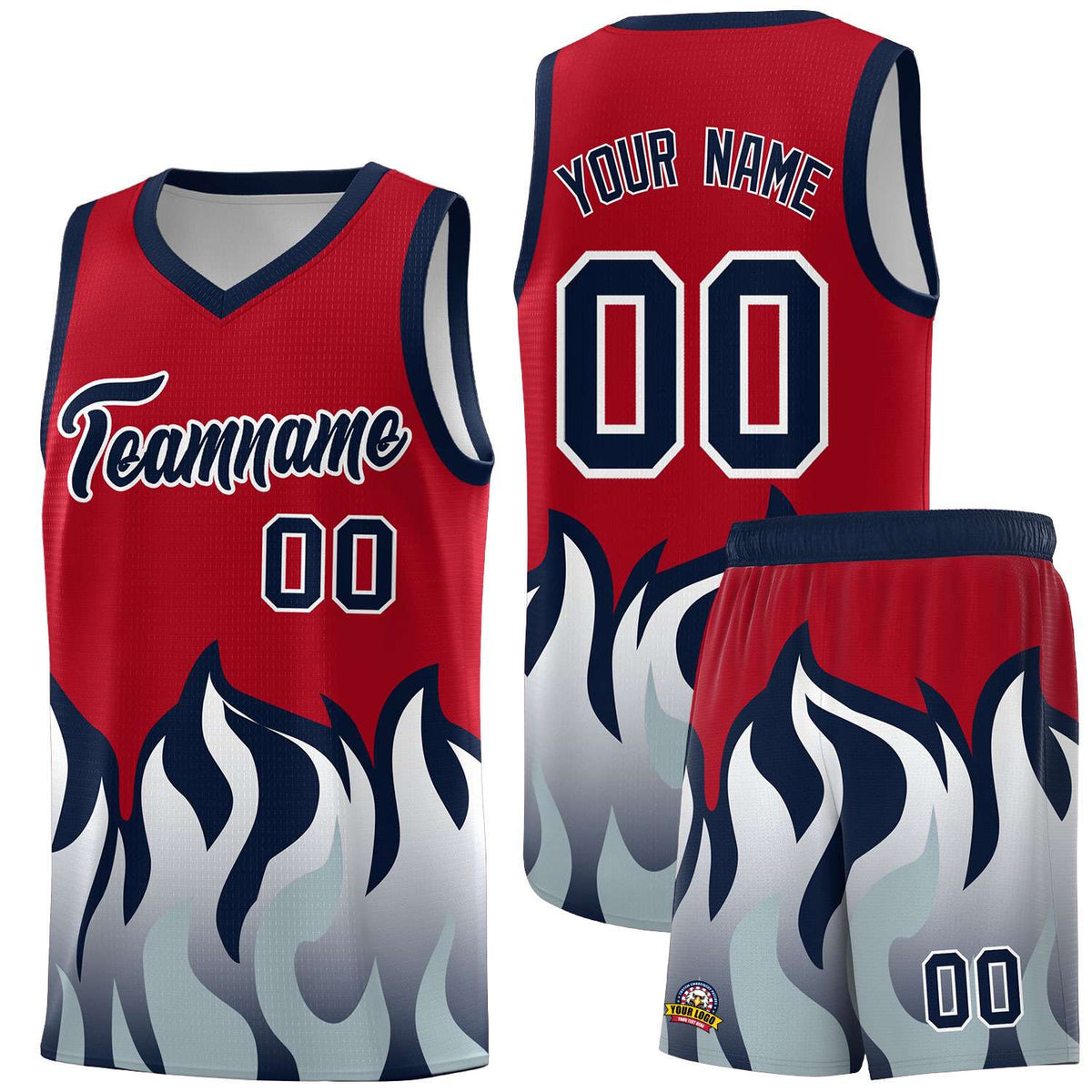 Custom Red Navy Hem Flame Pattern Fashion Sports Uniform Basketball jersey