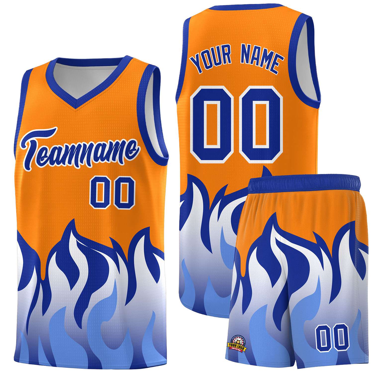 Custom Orange Royal Hem Flame Pattern Fashion Sports Uniform Basketball jersey