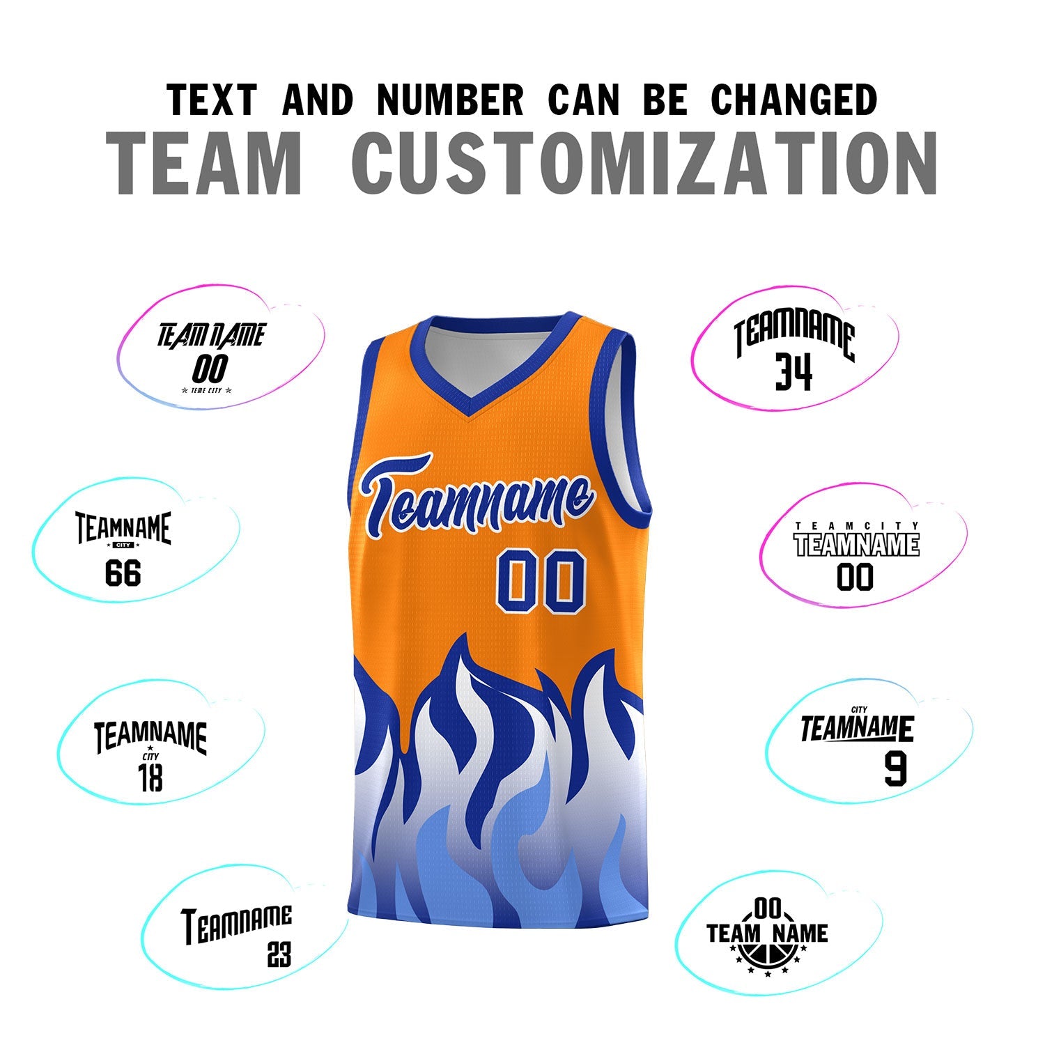 Custom Orange Royal Hem Flame Pattern Fashion Sports Uniform Basketball jersey