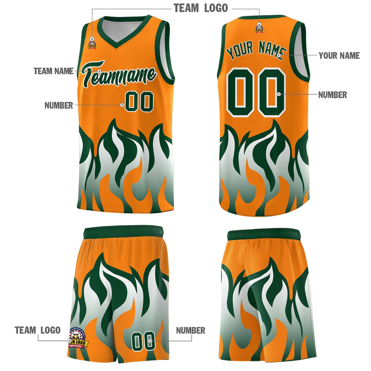 Custom Orange Hunter Green Hem Flame Pattern Fashion Sports Uniform Basketball jersey