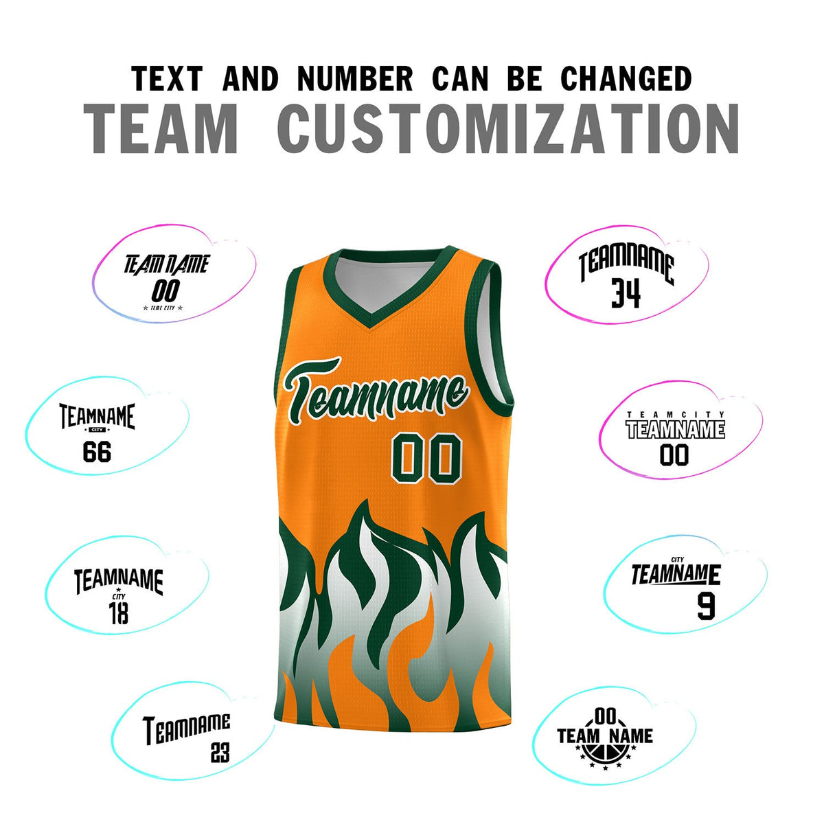 Custom Orange Hunter Green Hem Flame Pattern Fashion Sports Uniform Basketball jersey
