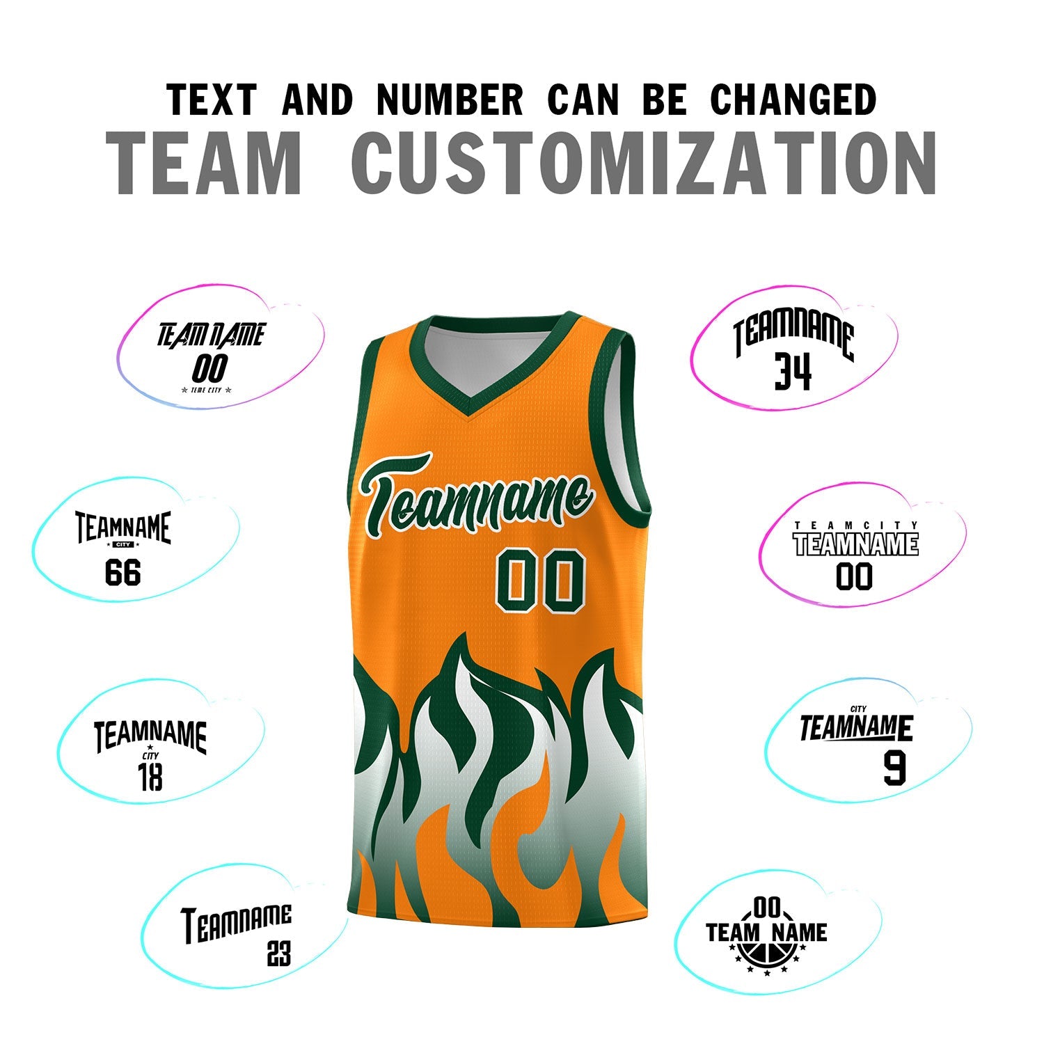 Custom Orange Hunter Green Hem Flame Pattern Fashion Sports Uniform Basketball jersey