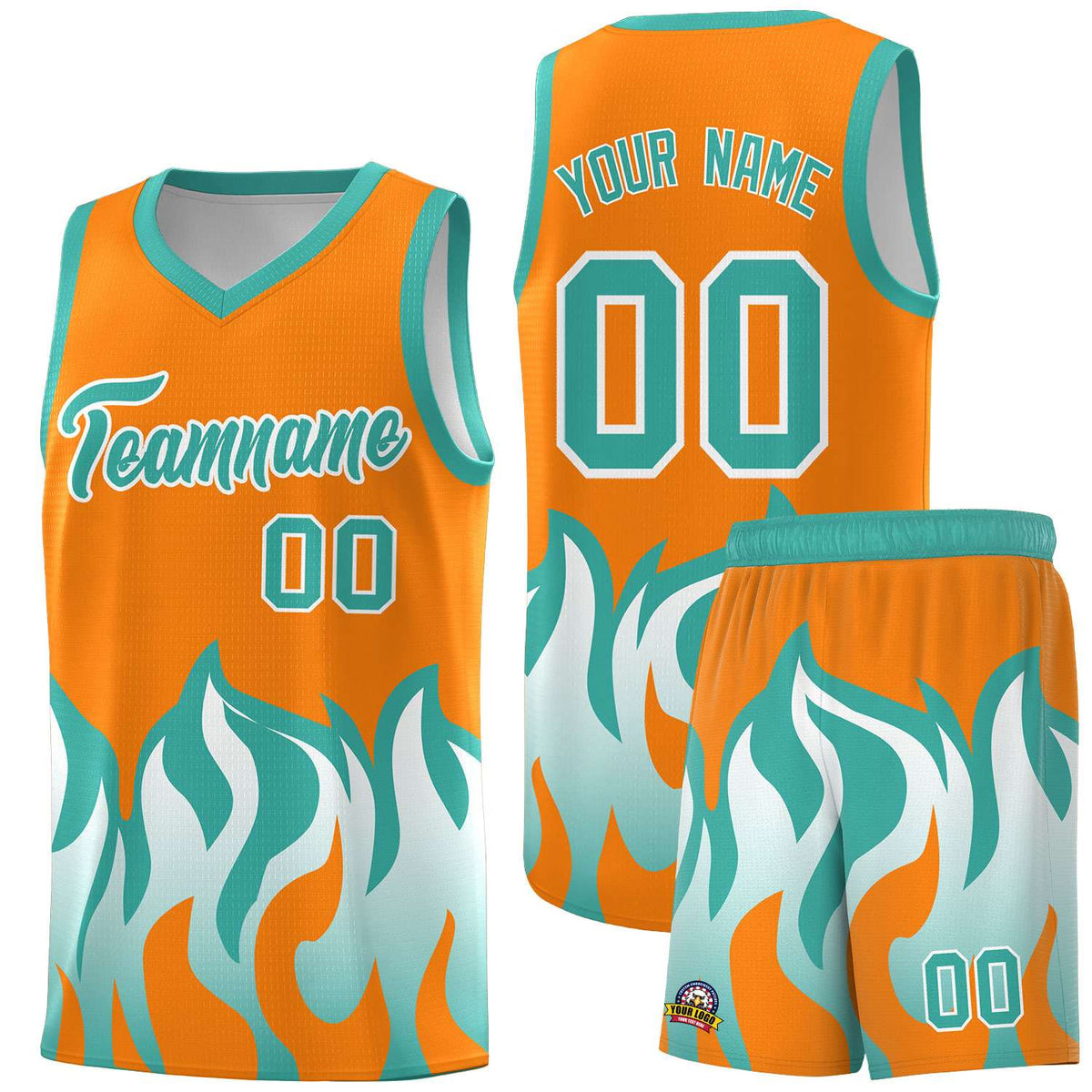 Custom Orange Bright Green Hem Flame Pattern Fashion Sports Uniform Basketball jersey