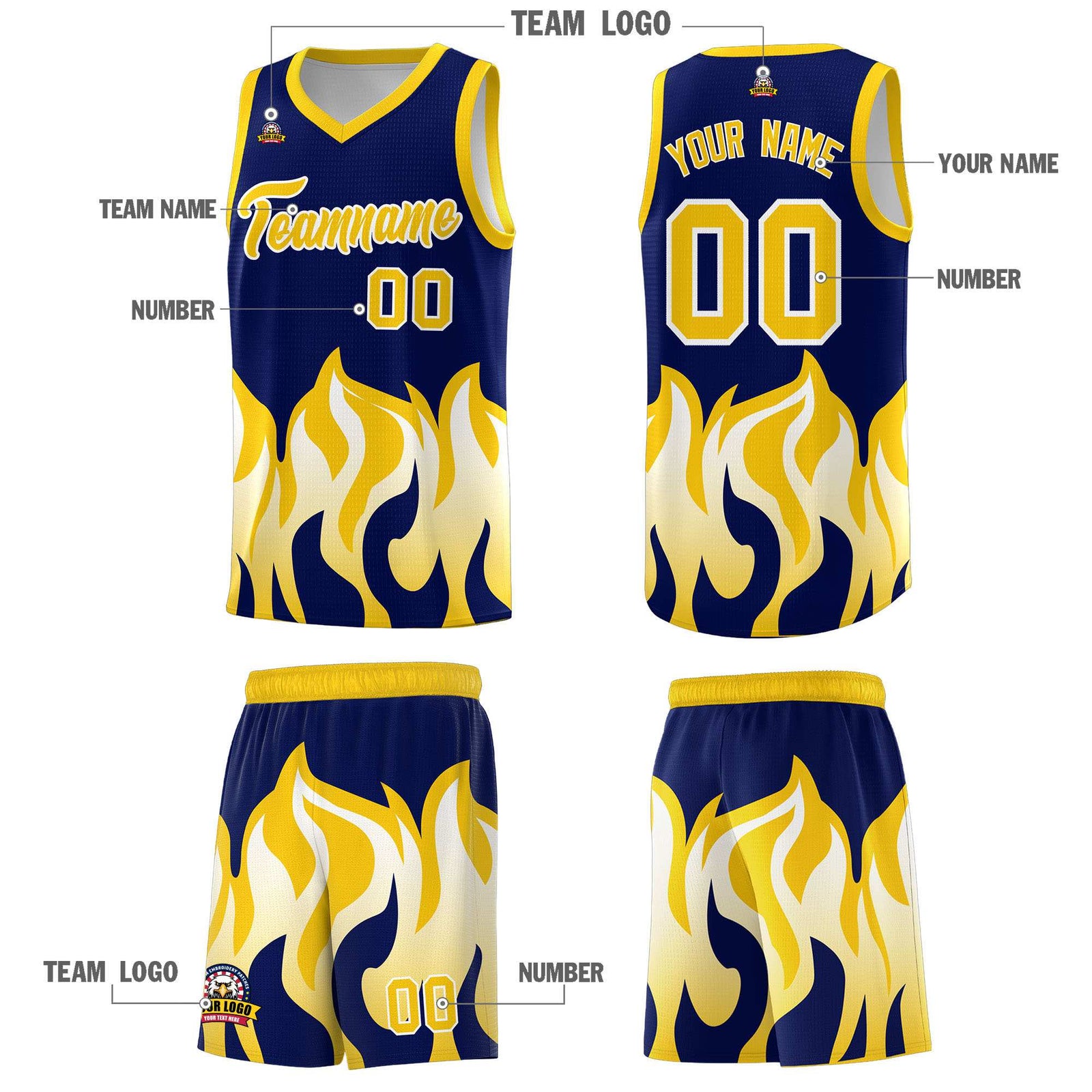 Custom Navy Gold Hem Flame Pattern Fashion Sports Uniform Basketball jersey