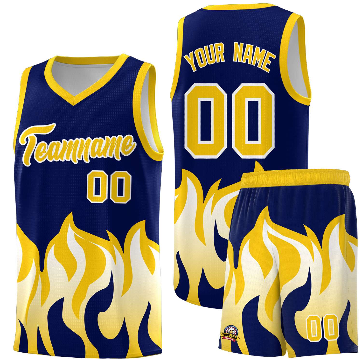 Custom Navy Gold Hem Flame Pattern Fashion Sports Uniform Basketball jersey