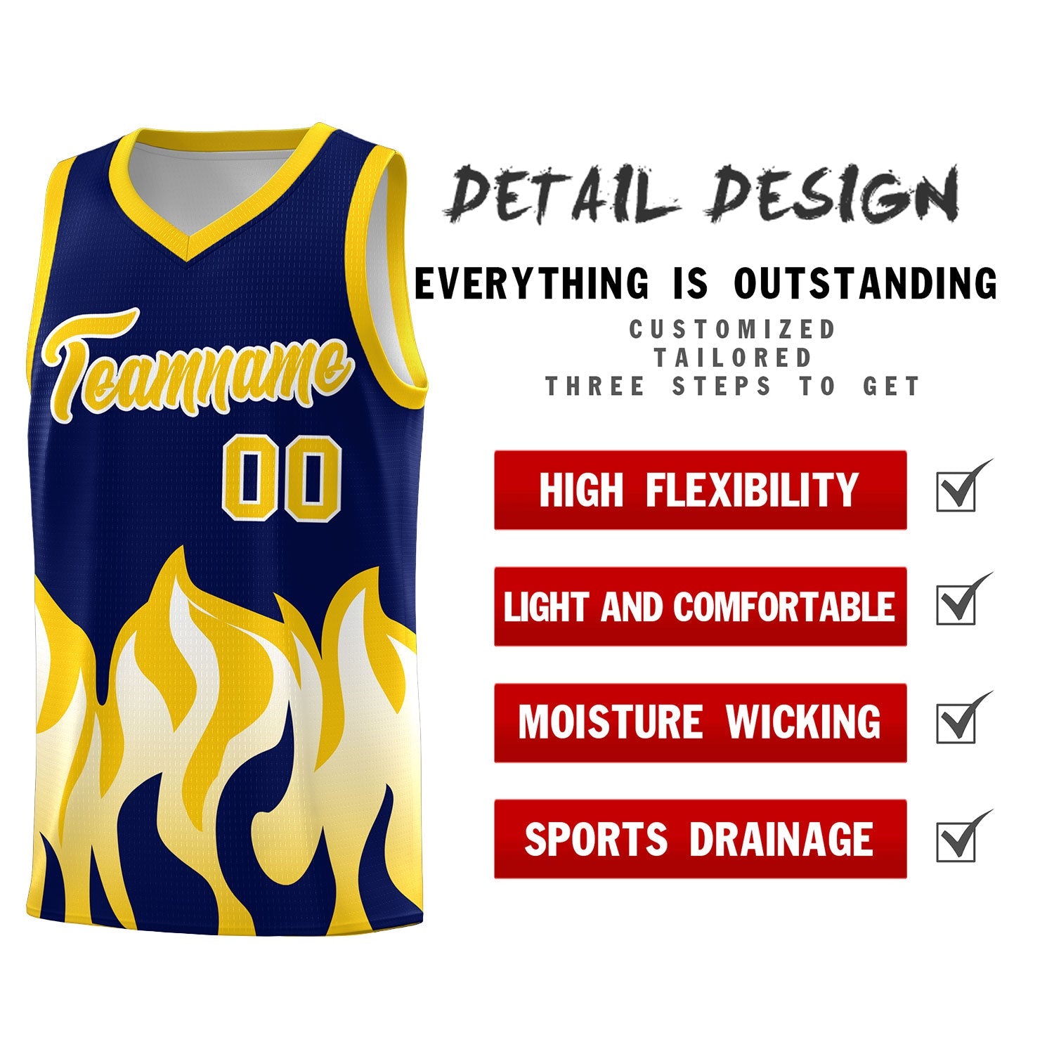 Custom Navy Gold Hem Flame Pattern Fashion Sports Uniform Basketball jersey