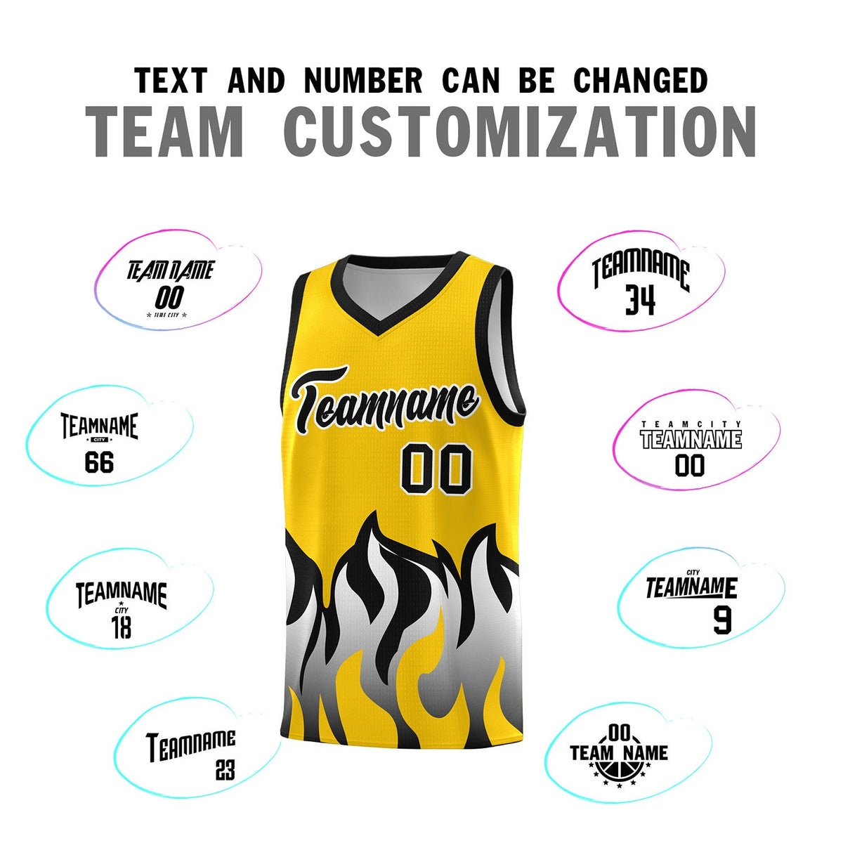 Custom Gold Black Hem Flame Pattern Fashion Sports Uniform Basketball jersey