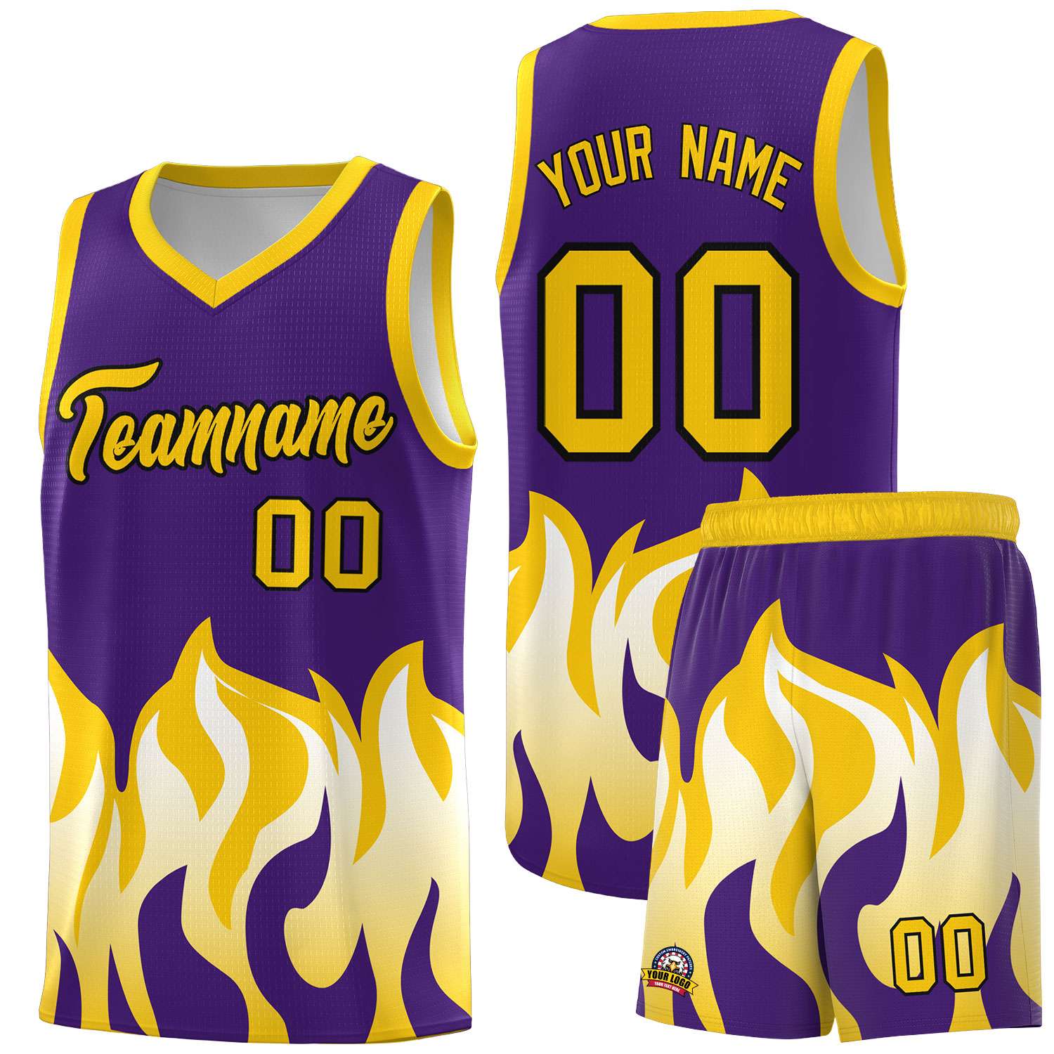 Custom Purple Gold Hem Flame Pattern Fashion Sports Uniform Basketball jersey