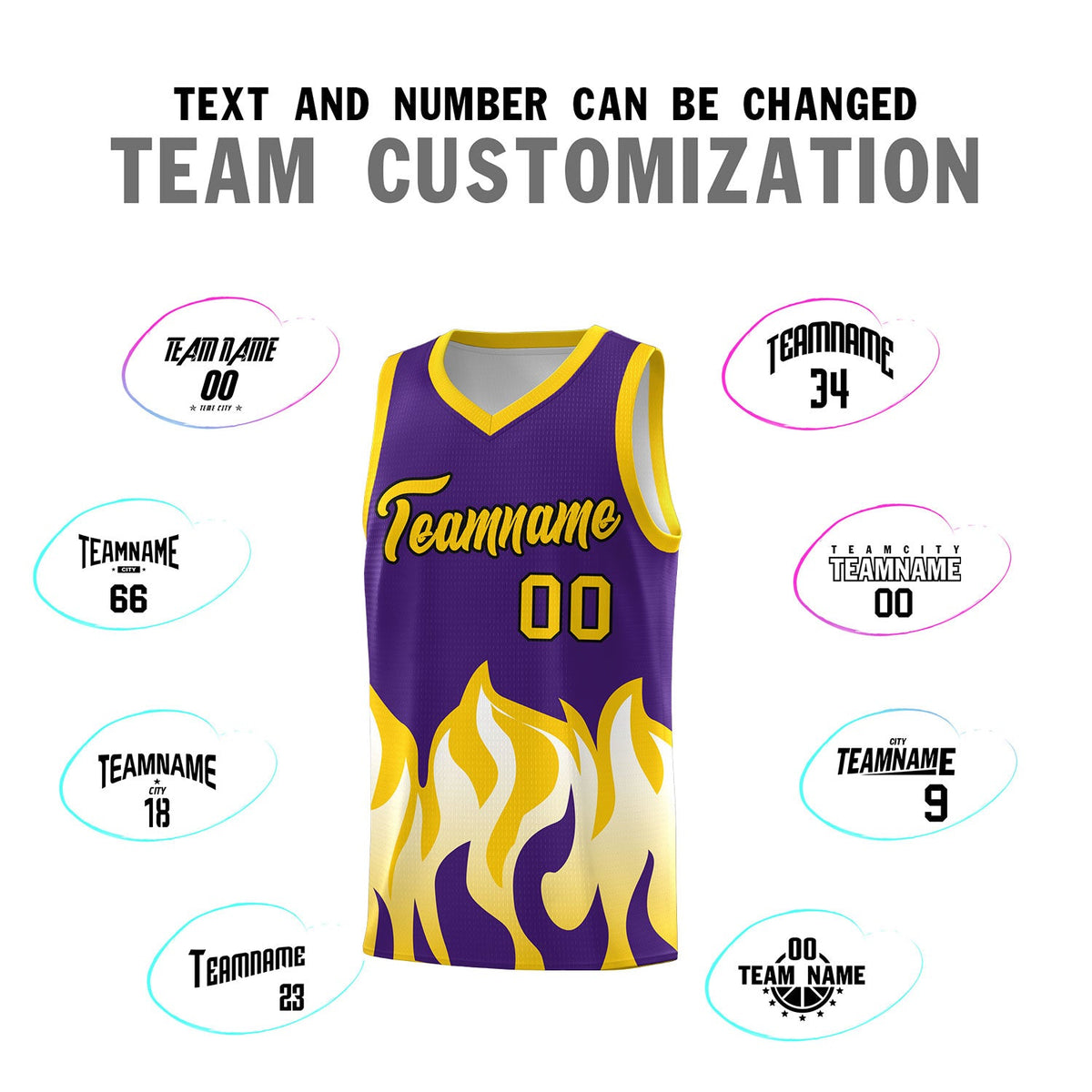 Custom Purple Gold Hem Flame Pattern Fashion Sports Uniform Basketball jersey