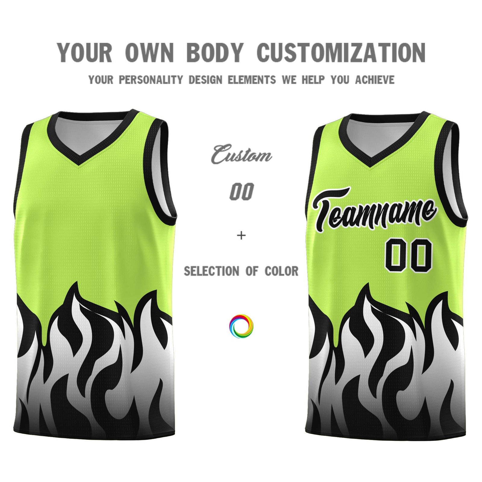 Custom Neon Green Black Hem Flame Pattern Fashion Sports Uniform Basketball jersey
