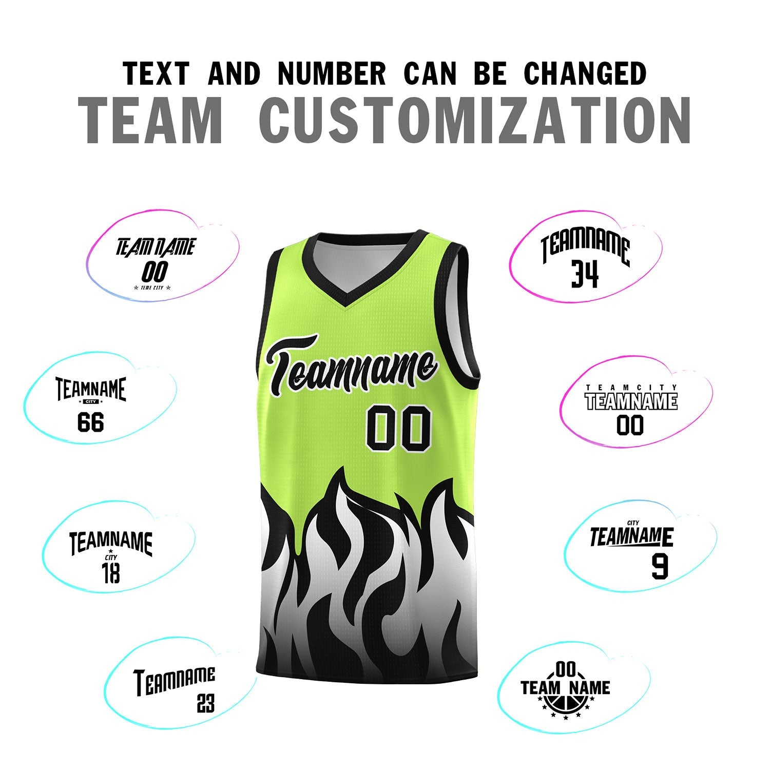 Custom Neon Green Black Hem Flame Pattern Fashion Sports Uniform Basketball jersey