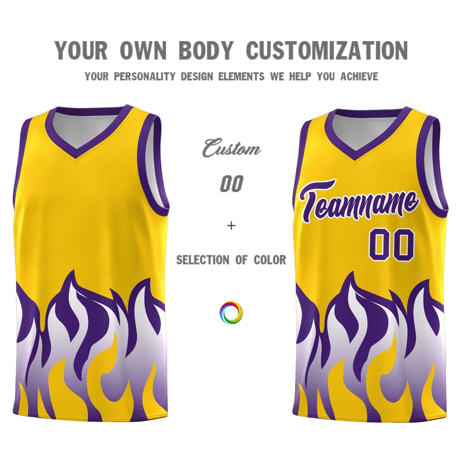 Custom Yellow Purple Hem Flame Pattern Fashion Sports Uniform Basketball jersey