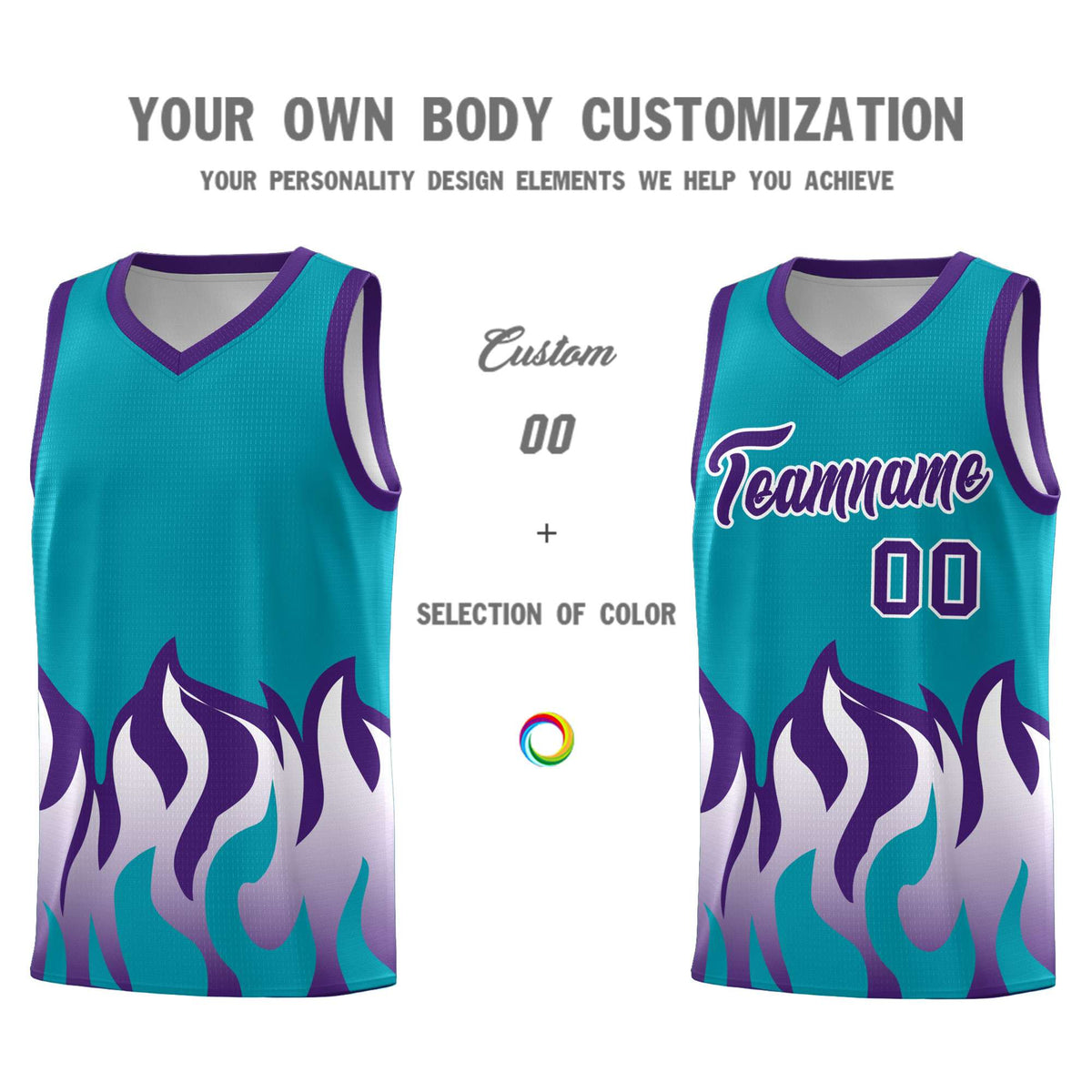 Custom Aqua Purple Hem Flame Pattern Fashion Sports Uniform Basketball jersey