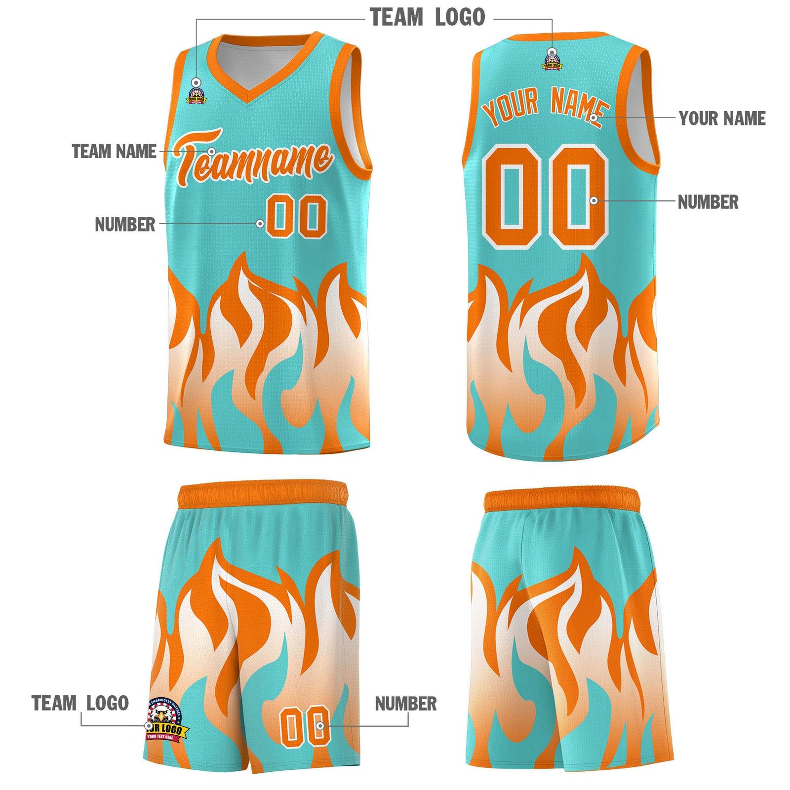 Custom Bright Green Orange Hem Flame Pattern Fashion Sports Uniform Basketball jersey