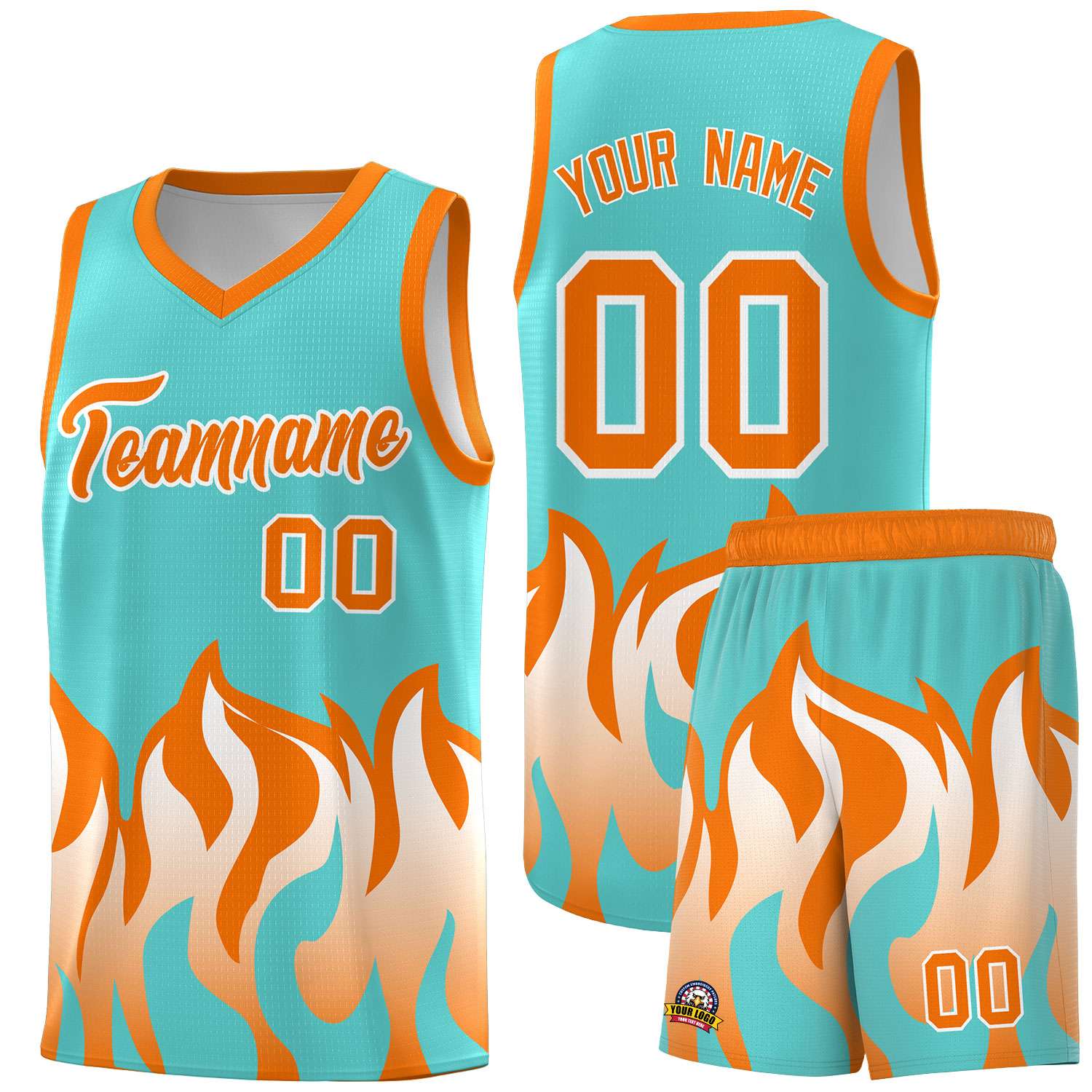 Custom Bright Green Orange Hem Flame Pattern Fashion Sports Uniform Basketball jersey