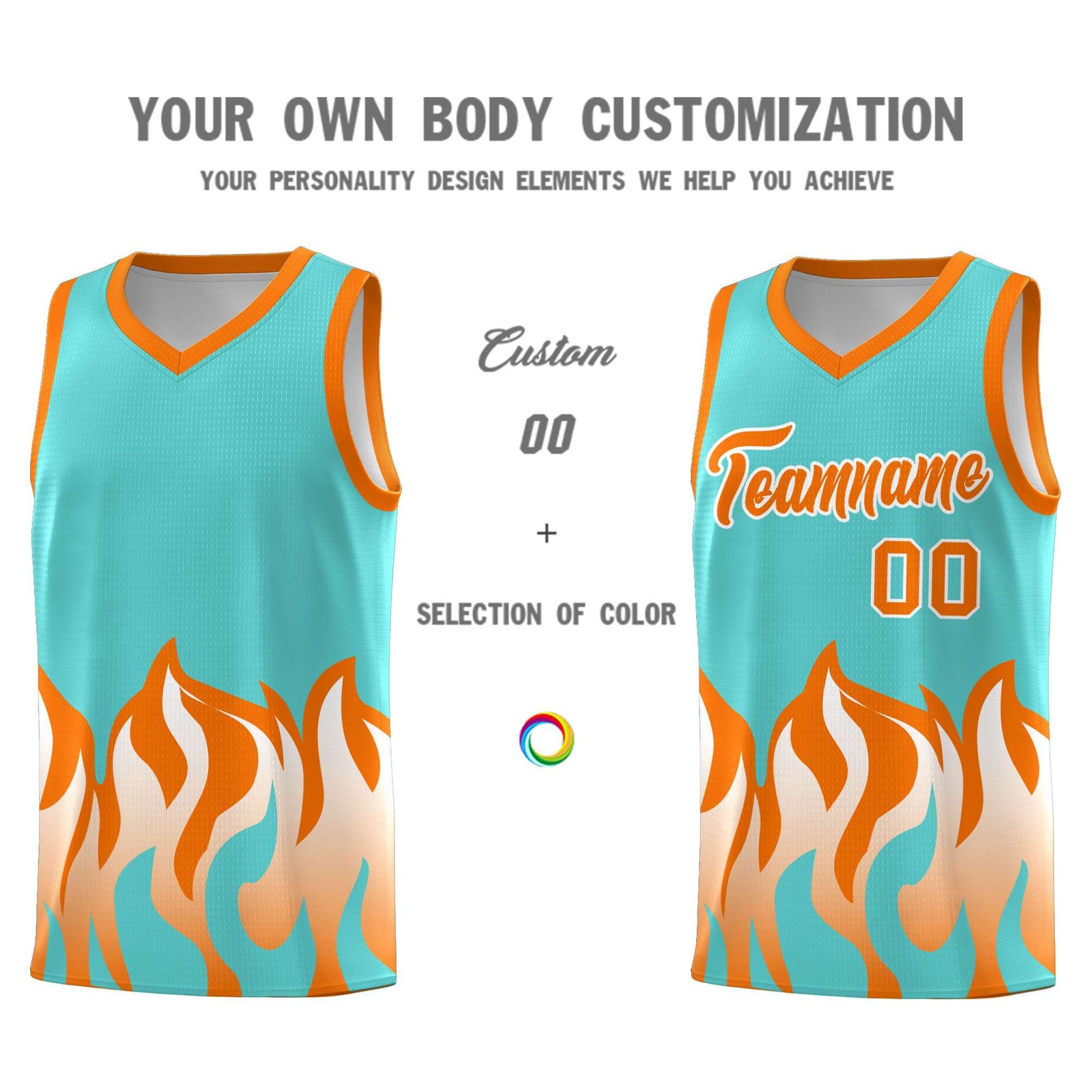 Custom Bright Green Orange Hem Flame Pattern Fashion Sports Uniform Basketball jersey