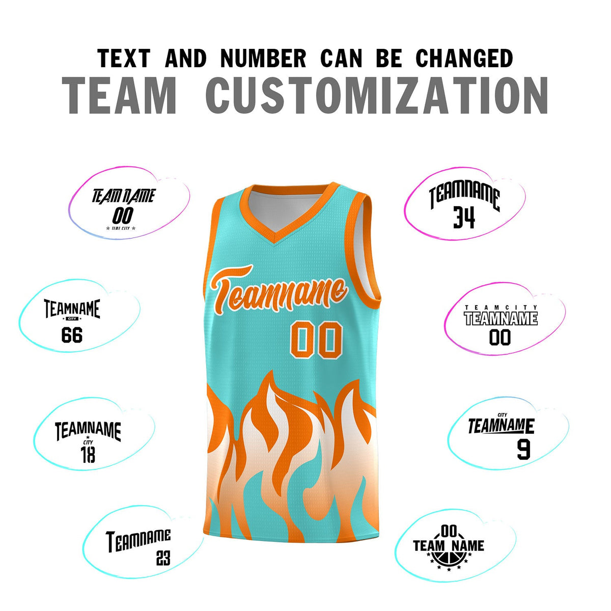 Custom Bright Green Orange Hem Flame Pattern Fashion Sports Uniform Basketball jersey