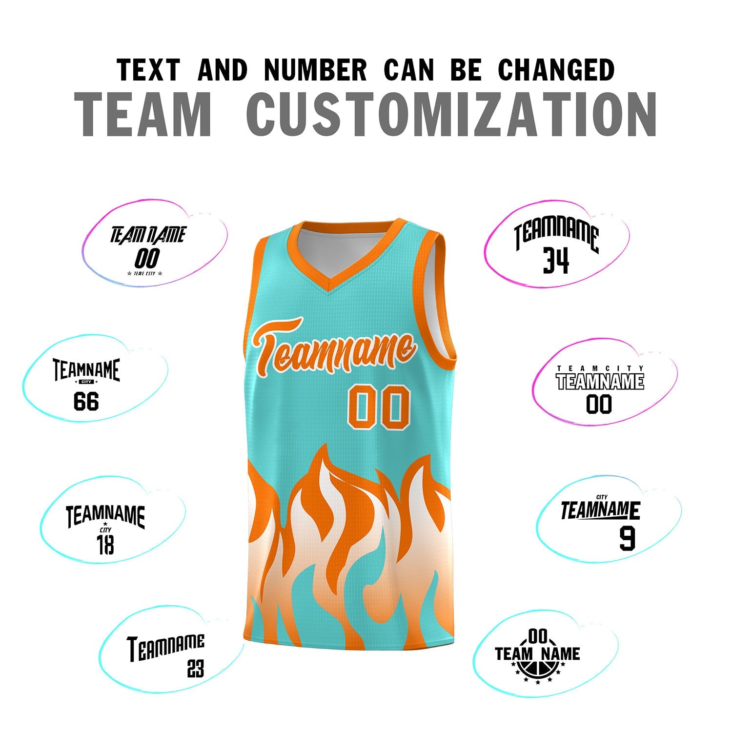 Custom Bright Green Orange Hem Flame Pattern Fashion Sports Uniform Basketball jersey