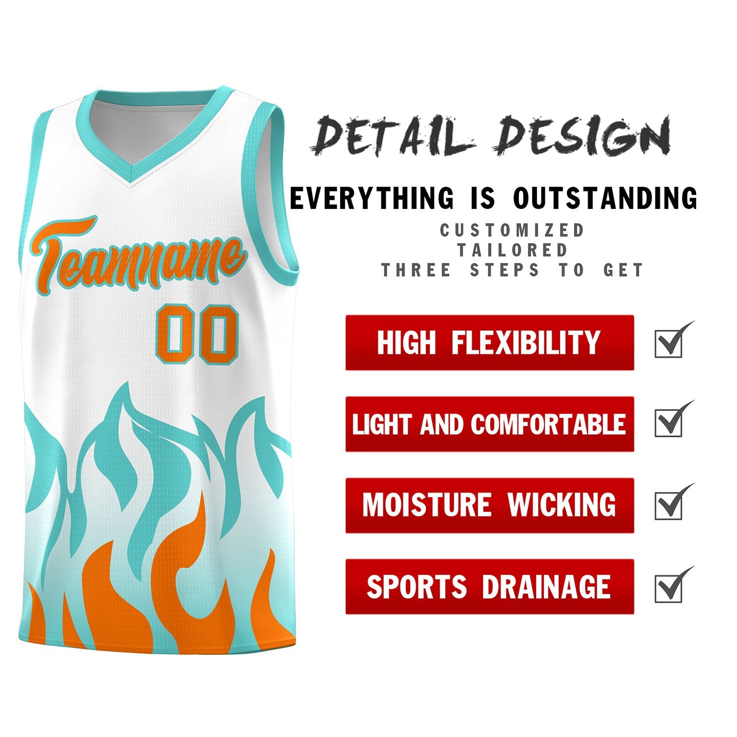 Custom White Orange Hem Flame Pattern Fashion Sports Uniform Basketball jersey