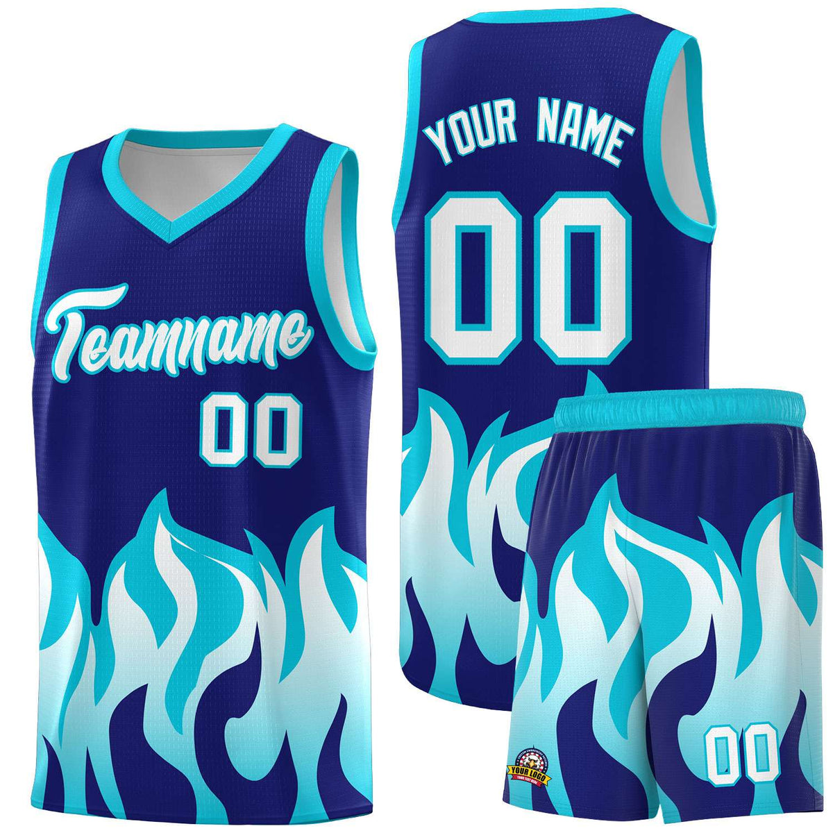 Custom Royal Sky Blue Hem Flame Pattern Fashion Sports Uniform Basketball jersey