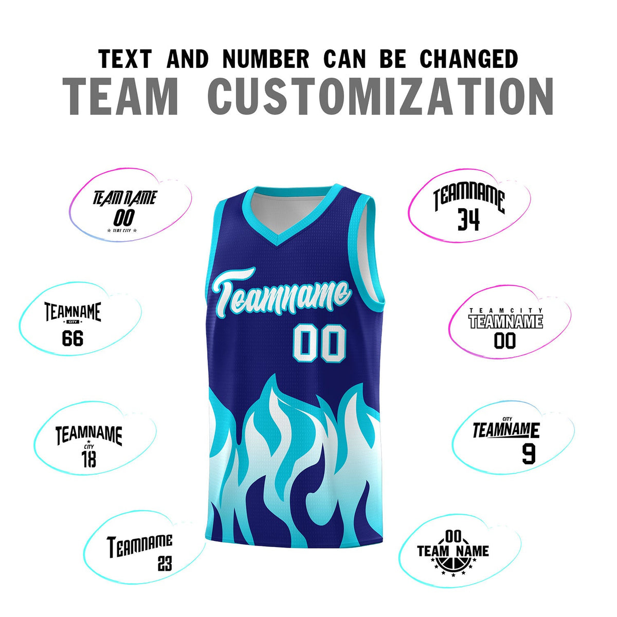 Custom Royal Sky Blue Hem Flame Pattern Fashion Sports Uniform Basketball jersey