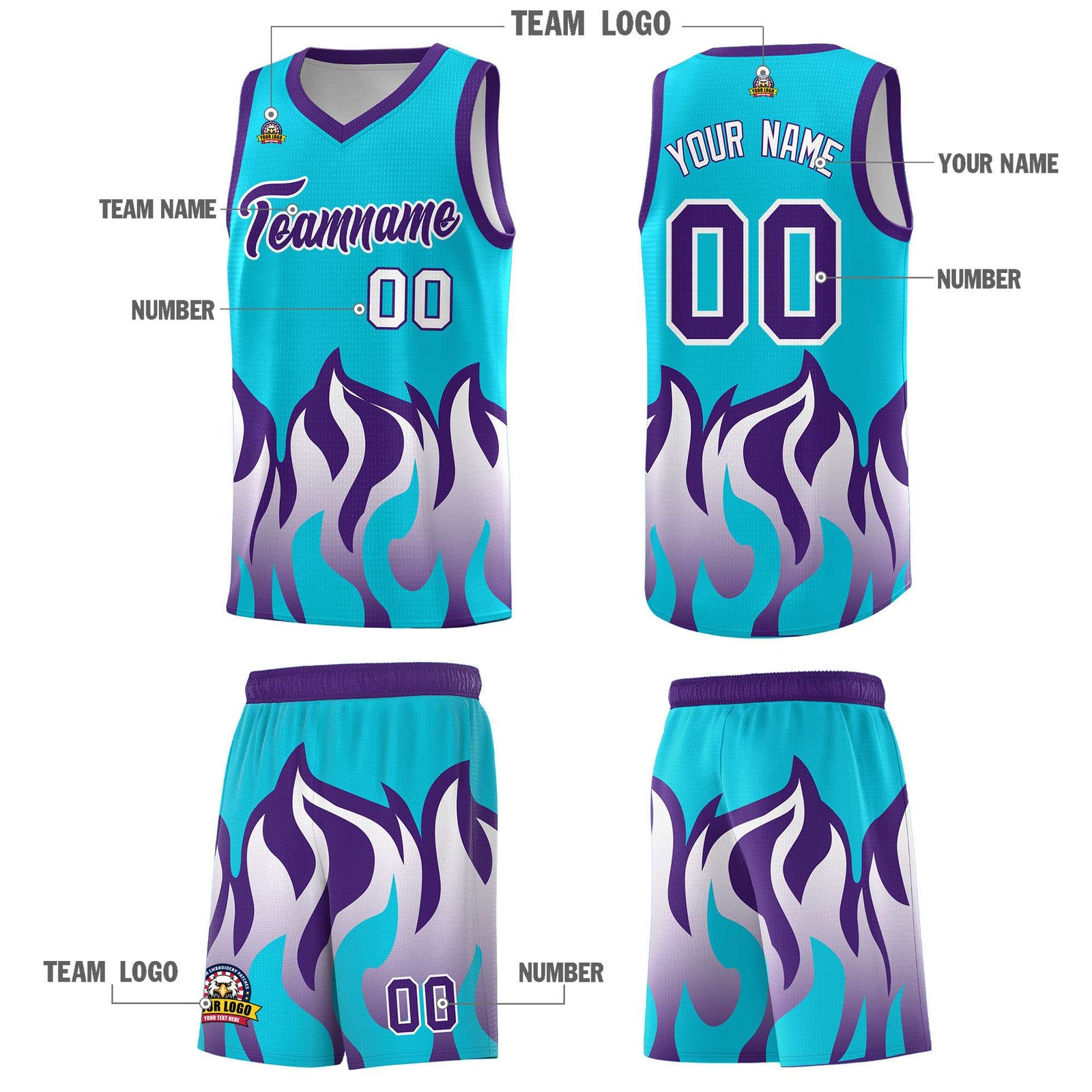 Custom Sky Blue Purple Hem Flame Pattern Fashion Sports Uniform Basketball jersey