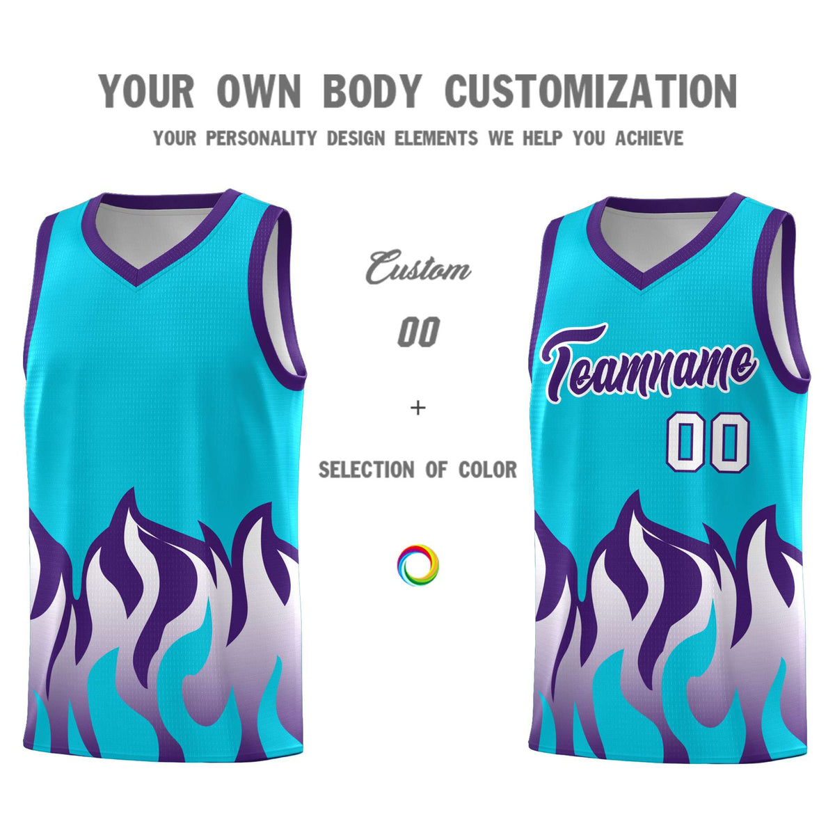 Custom Sky Blue Purple Hem Flame Pattern Fashion Sports Uniform Basketball jersey