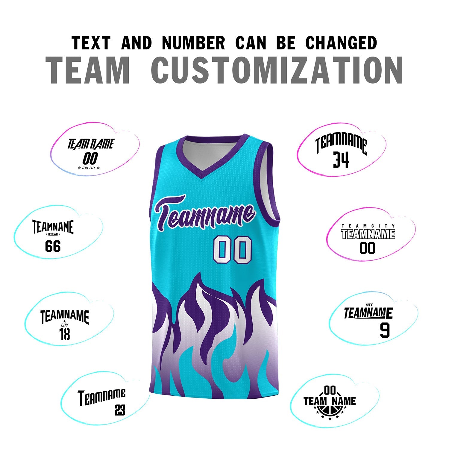 Custom Sky Blue Purple Hem Flame Pattern Fashion Sports Uniform Basketball jersey