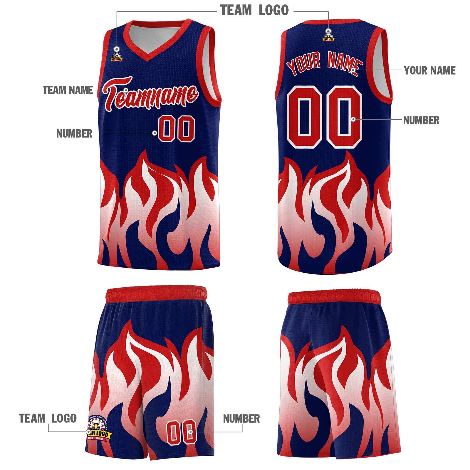 Custom Navy Red Hem Flame Pattern Fashion Sports Uniform Basketball jersey