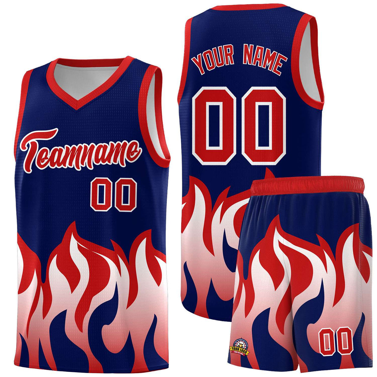 Custom Navy Red Hem Flame Pattern Fashion Sports Uniform Basketball jersey