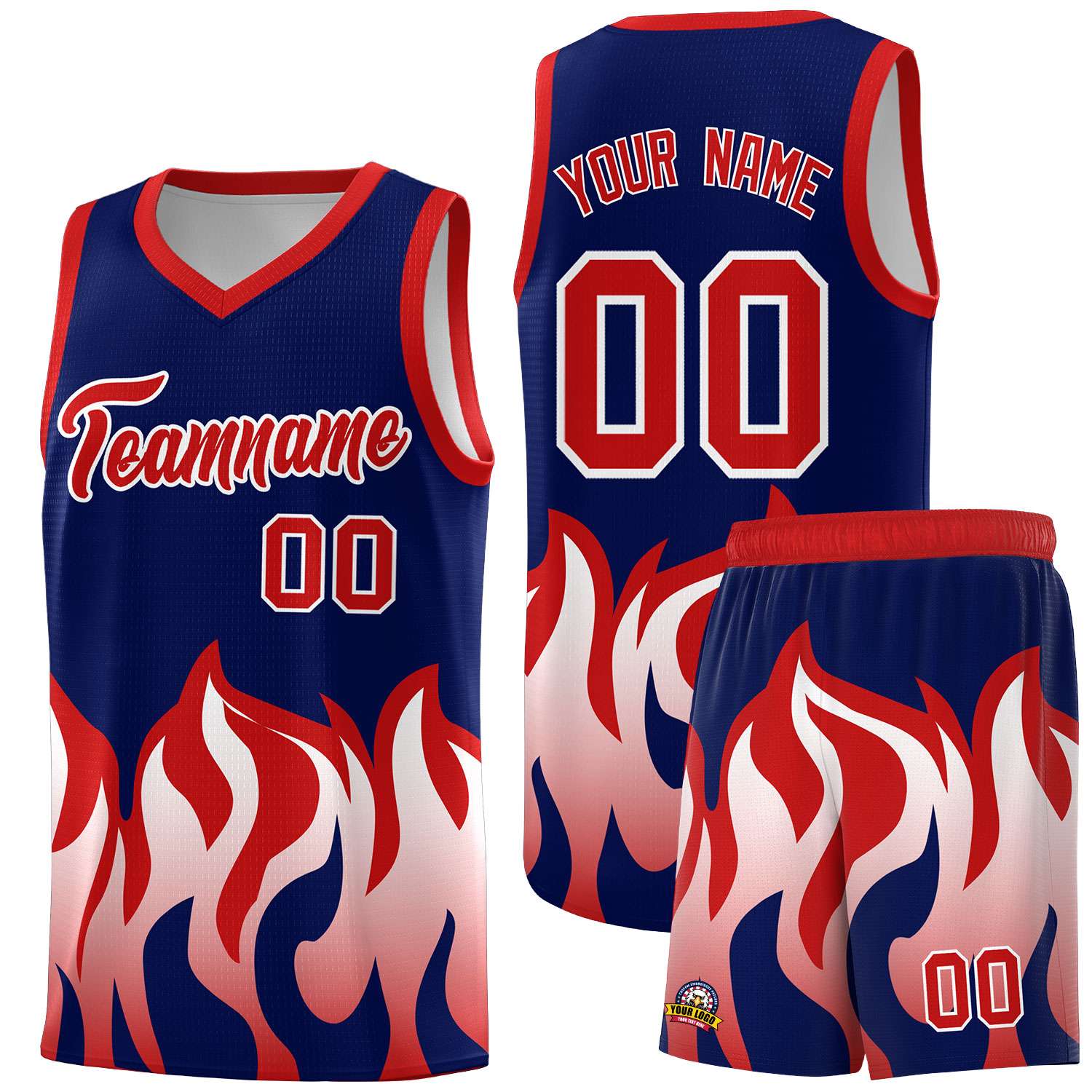 Custom Navy Red Hem Flame Pattern Fashion Sports Uniform Basketball jersey