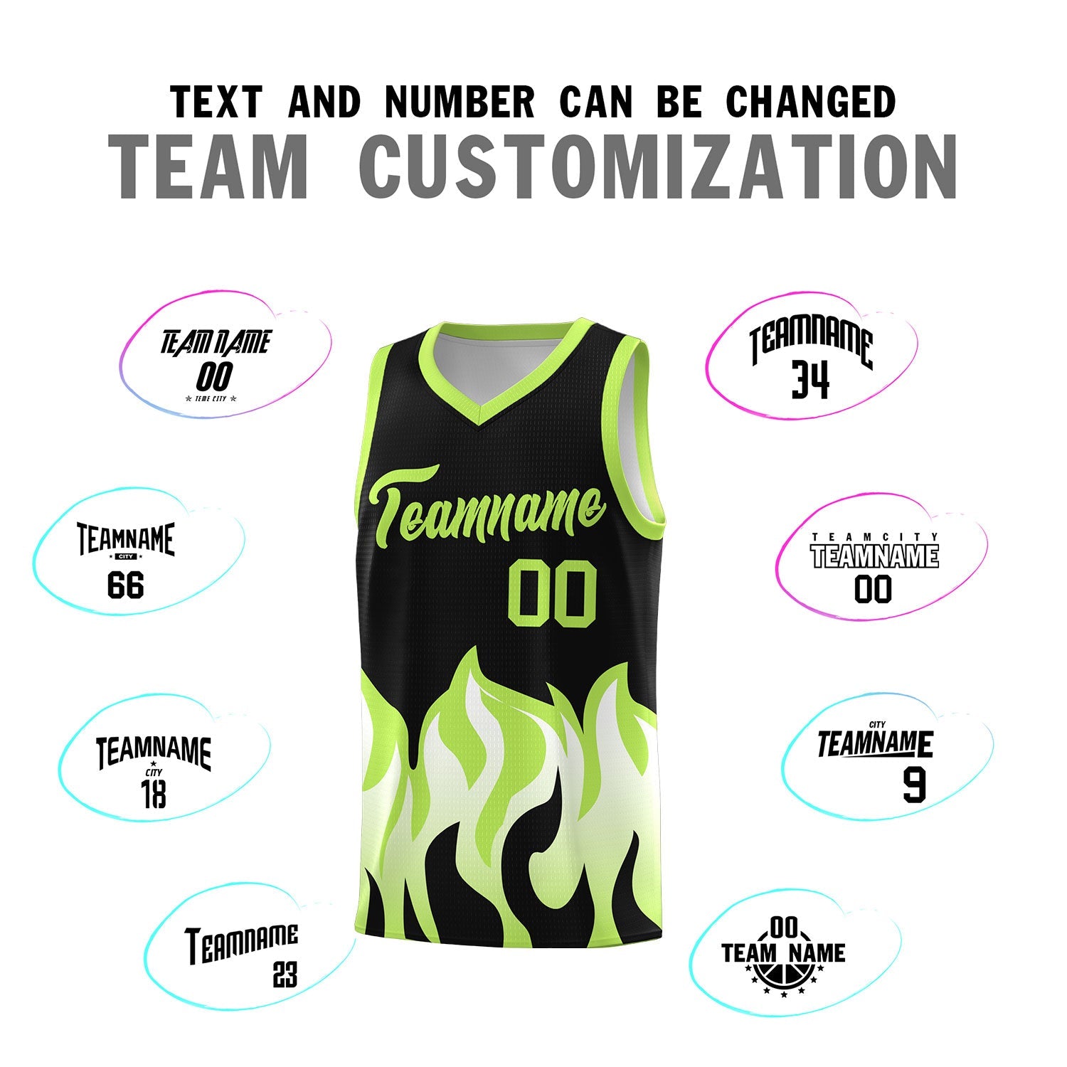 Custom Black Fluorescent Green Hem Flame Pattern Fashion Sports Uniform Basketball jersey