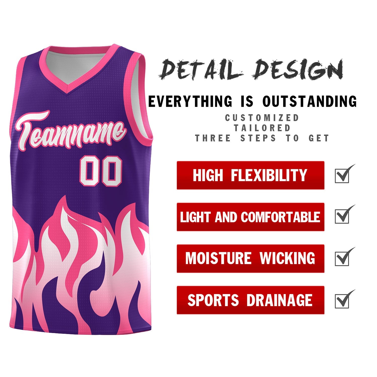 Custom Purple Pink Hem Flame Pattern Fashion Sports Uniform Basketball jersey