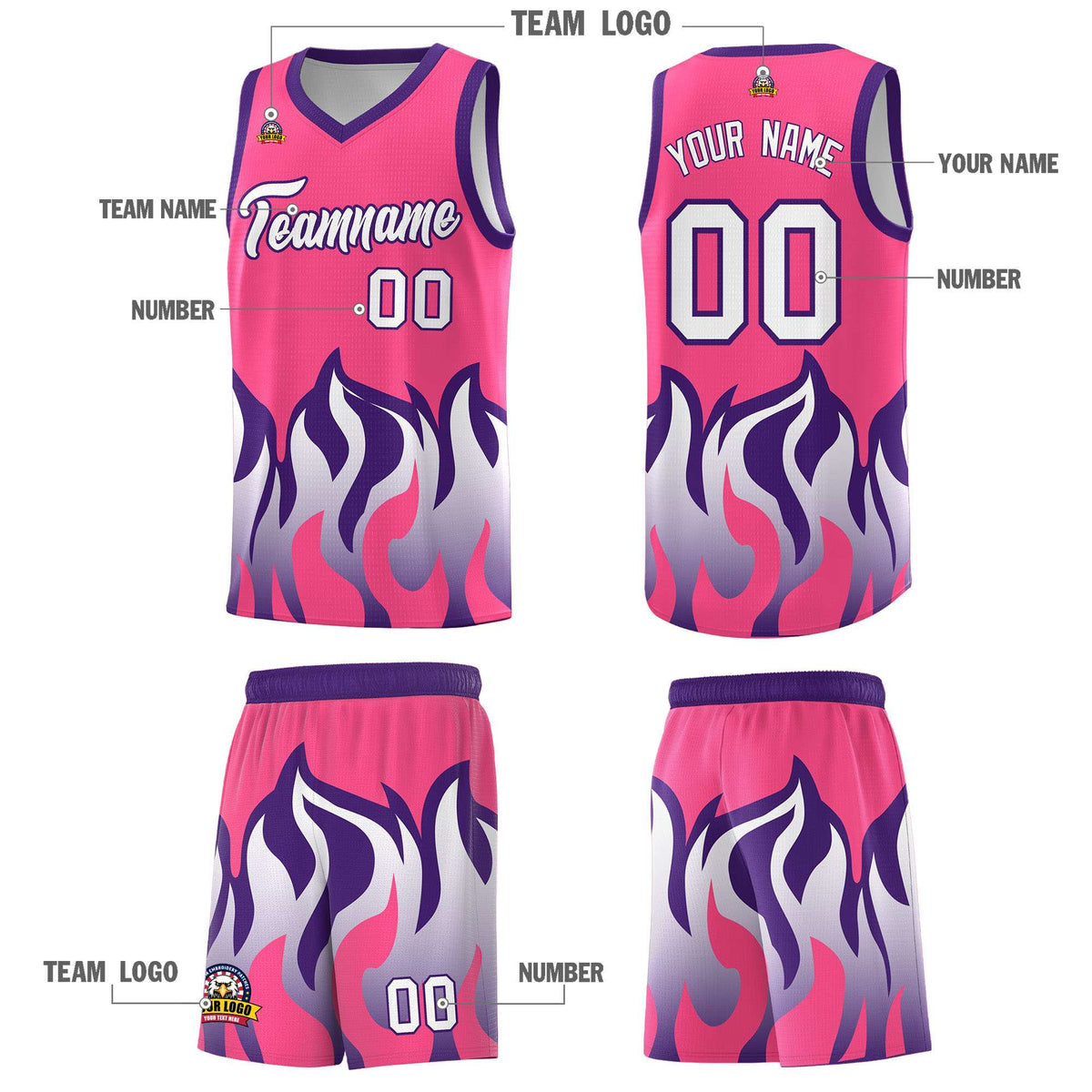 Custom Pink Purple Hem Flame Pattern Fashion Sports Uniform Basketball jersey