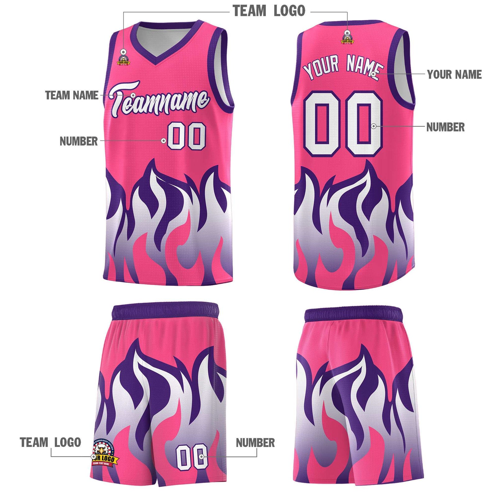 Custom Pink Purple Hem Flame Pattern Fashion Sports Uniform Basketball jersey