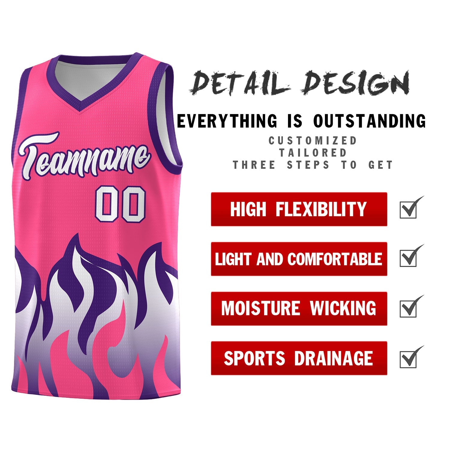 Custom Pink Purple Hem Flame Pattern Fashion Sports Uniform Basketball jersey