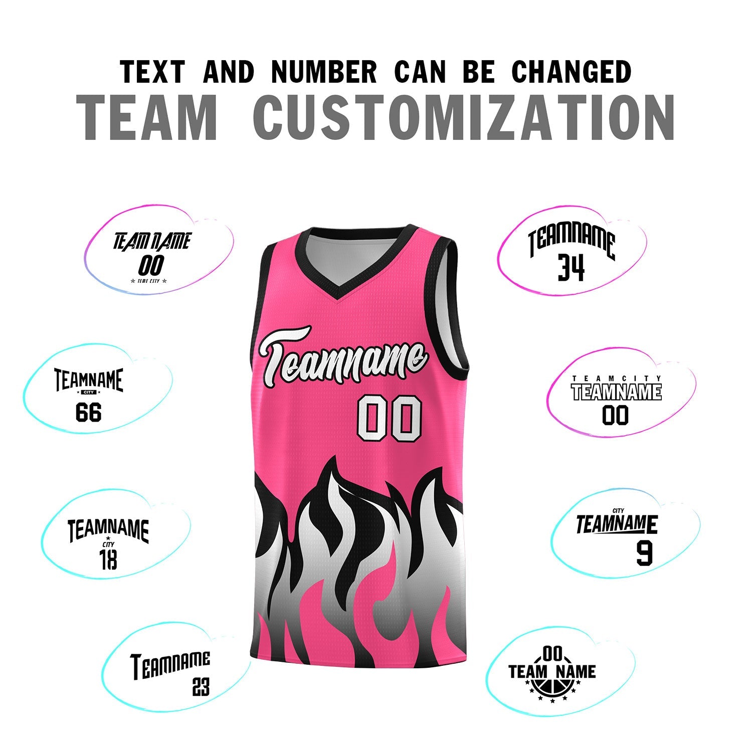 Custom Pink Black Hem Flame Pattern Fashion Sports Uniform Basketball jersey