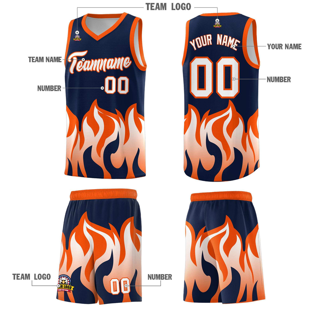 Custom Navy Orange Hem Flame Pattern Fashion Sports Uniform Basketball jersey