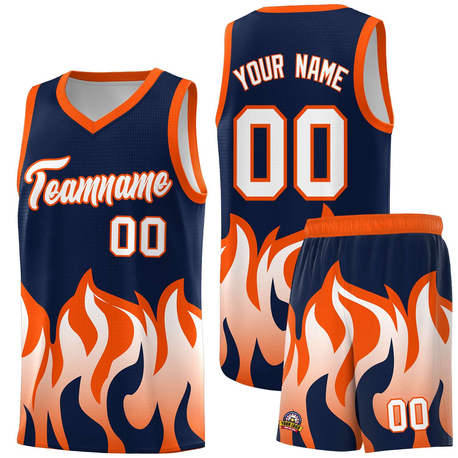 Custom Navy Orange Hem Flame Pattern Fashion Sports Uniform Basketball jersey