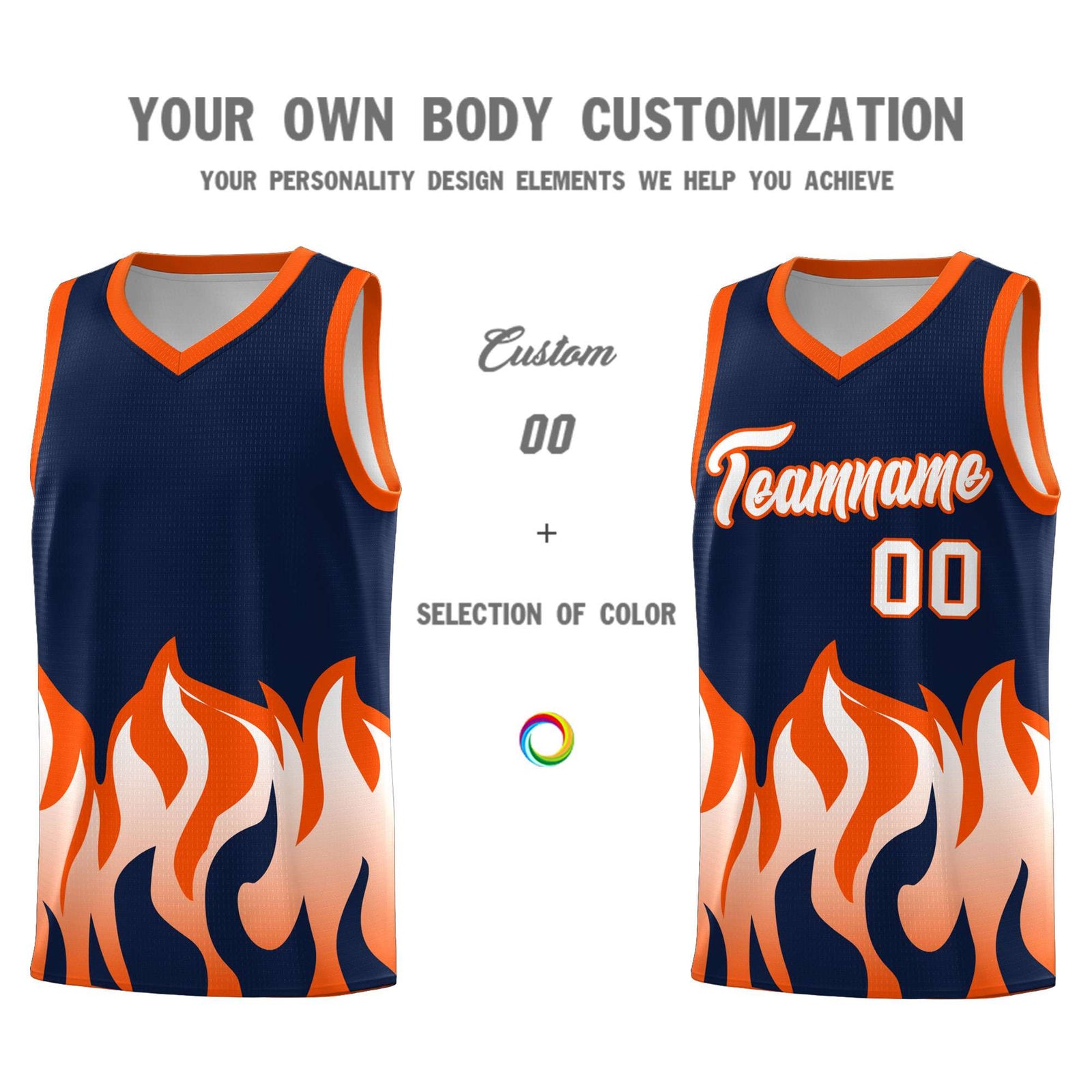 Custom Navy Orange Hem Flame Pattern Fashion Sports Uniform Basketball jersey