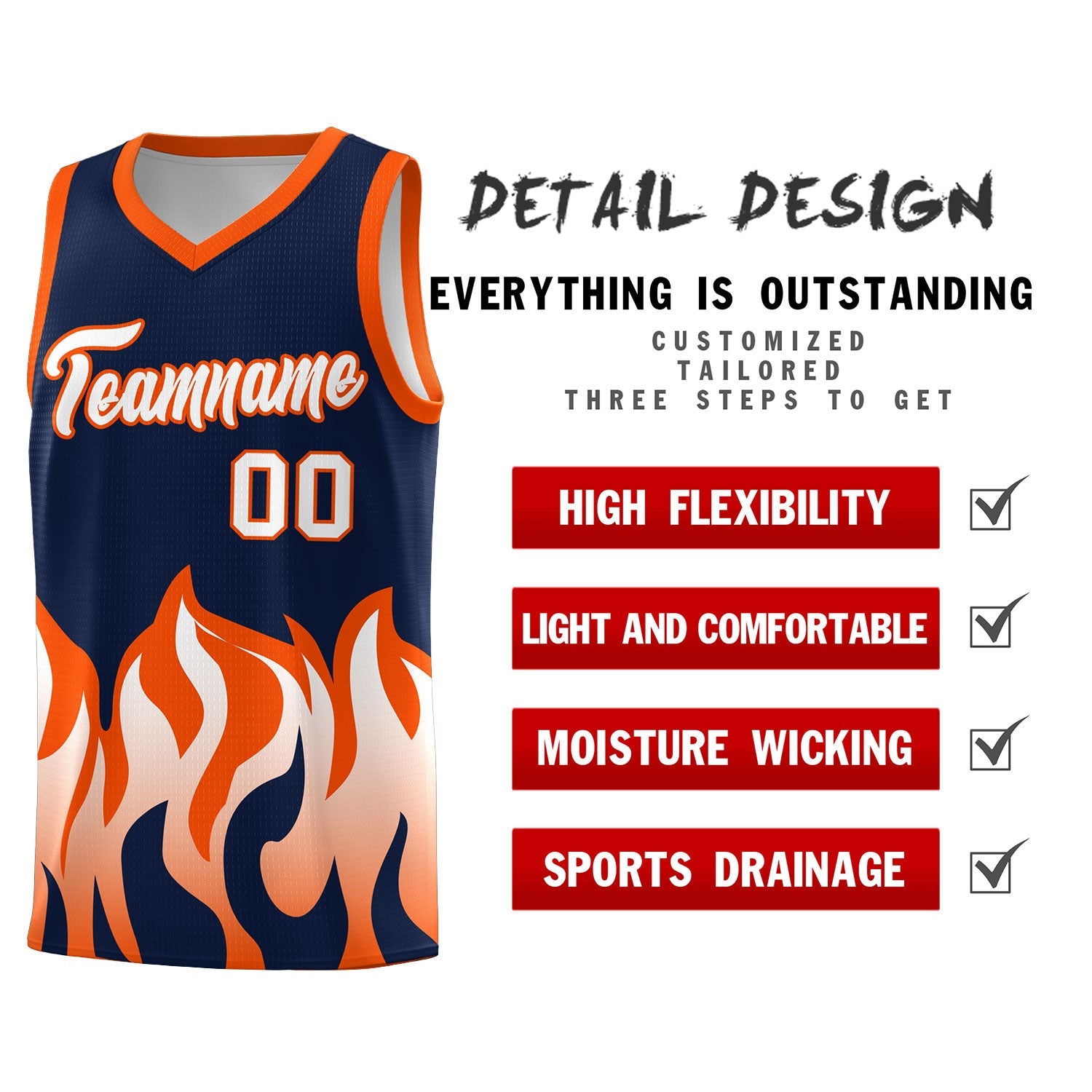 Custom Navy Orange Hem Flame Pattern Fashion Sports Uniform Basketball jersey